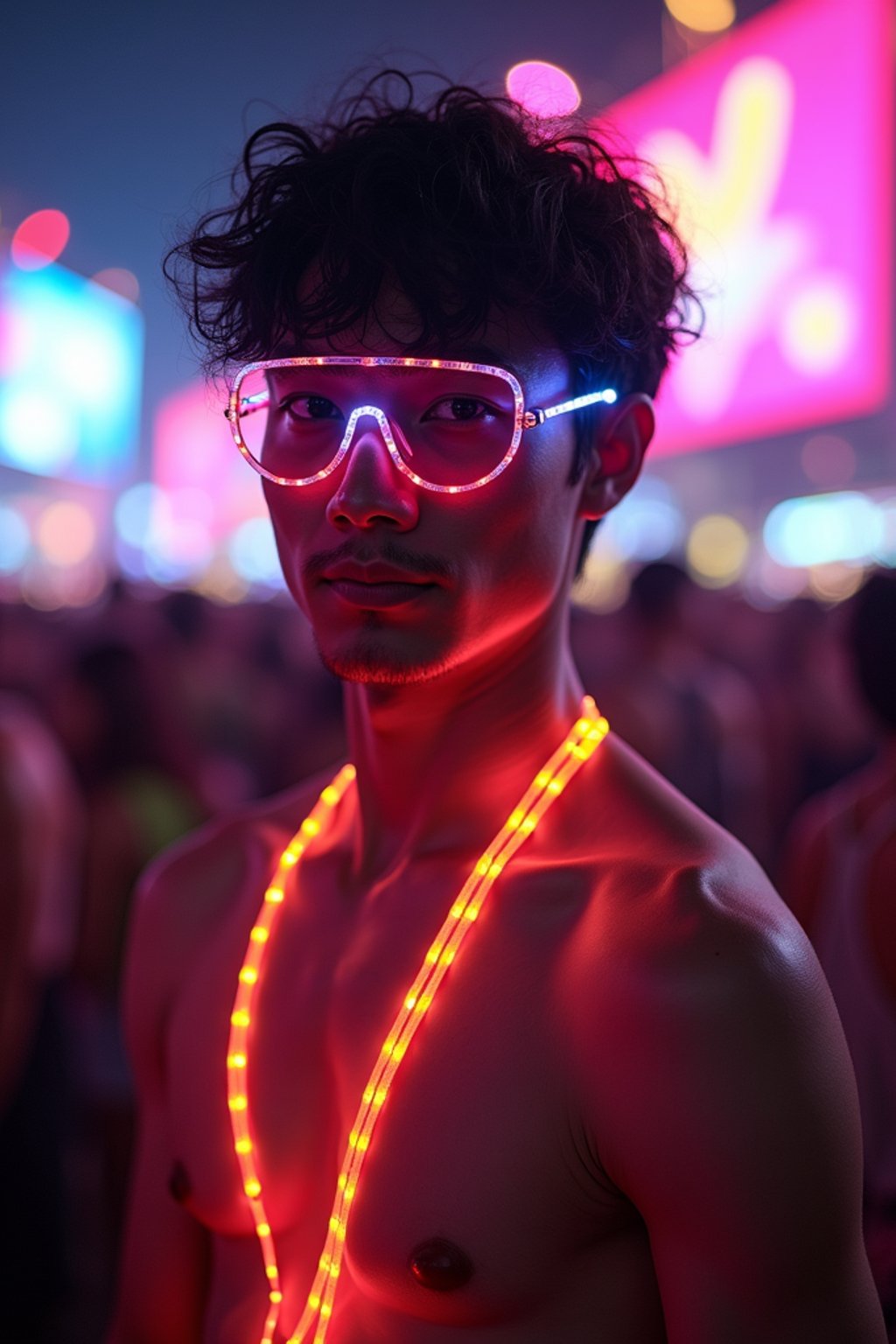 a man with  glowing LED accessories, standing out in the crowd and embracing the festival's vibrant atmosphere