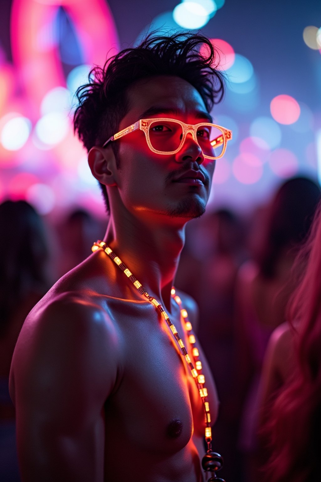 a man with  glowing LED accessories, standing out in the crowd and embracing the festival's vibrant atmosphere