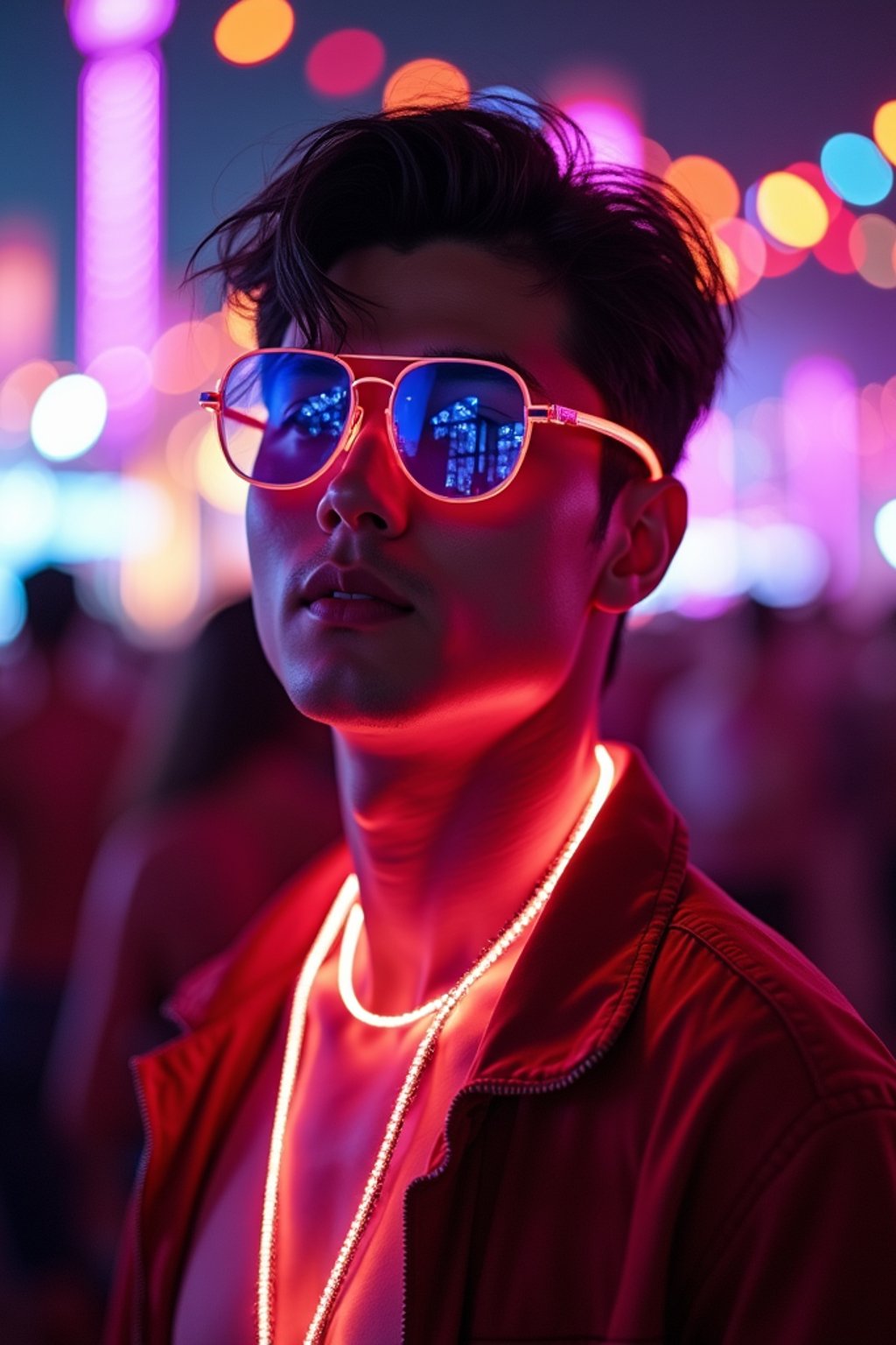 a man with  glowing LED accessories, standing out in the crowd and embracing the festival's vibrant atmosphere