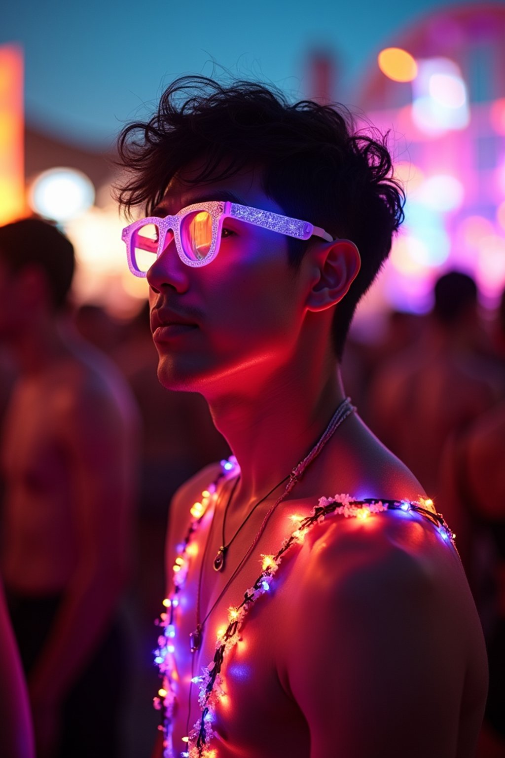 a man with  glowing LED accessories, standing out in the crowd and embracing the festival's vibrant atmosphere