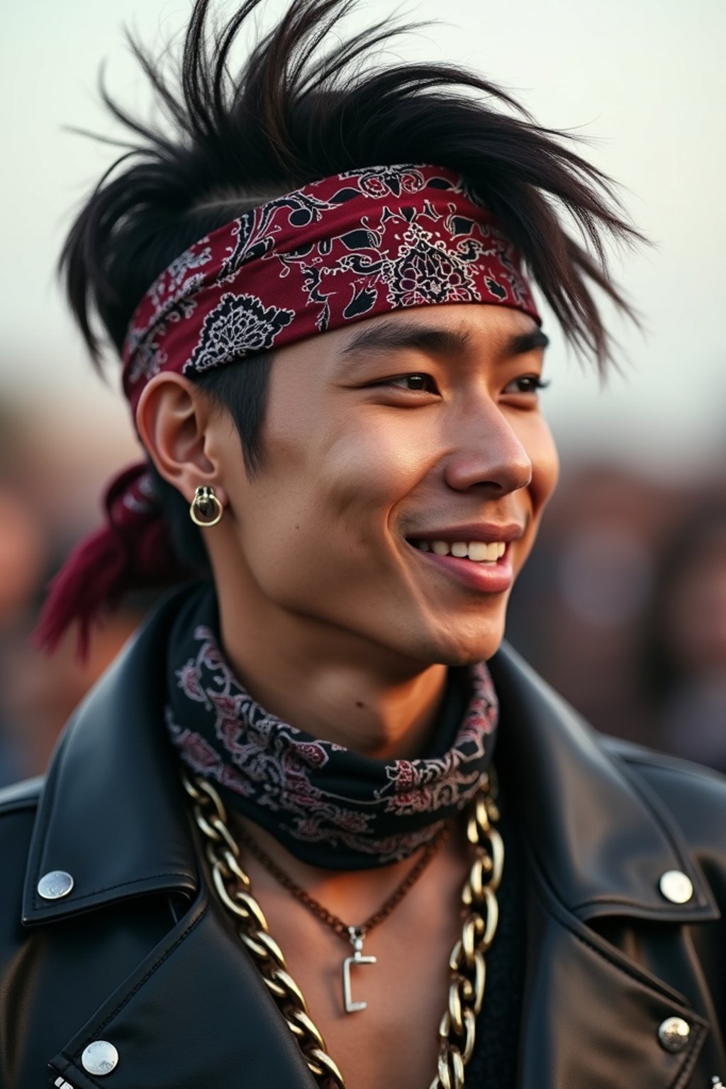 a stunning man in  a leather jacket and bandana, embodying the fusion of bohemian and rock n roll styles at the festival