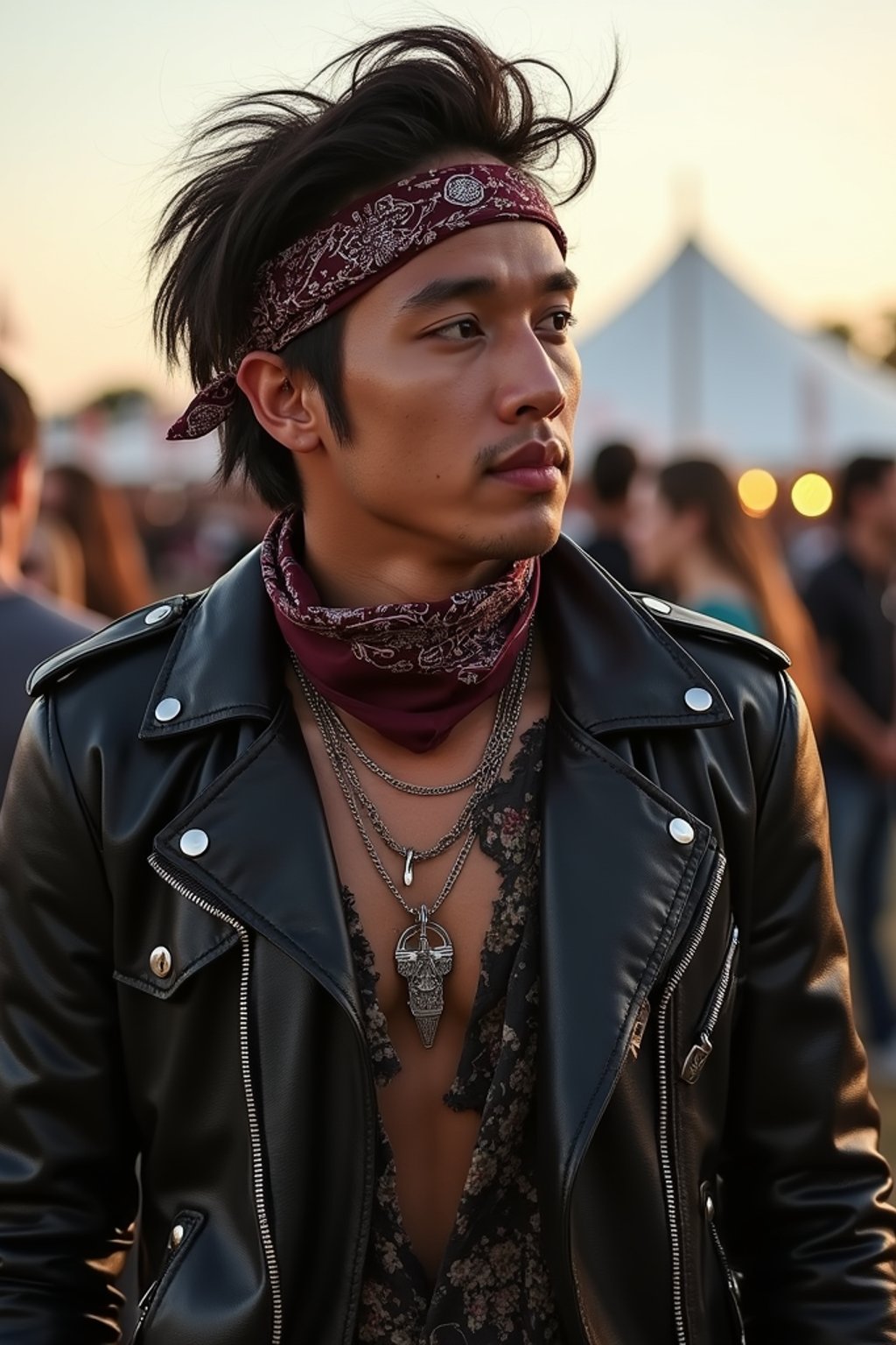 a stunning man in  a leather jacket and bandana, embodying the fusion of bohemian and rock n roll styles at the festival