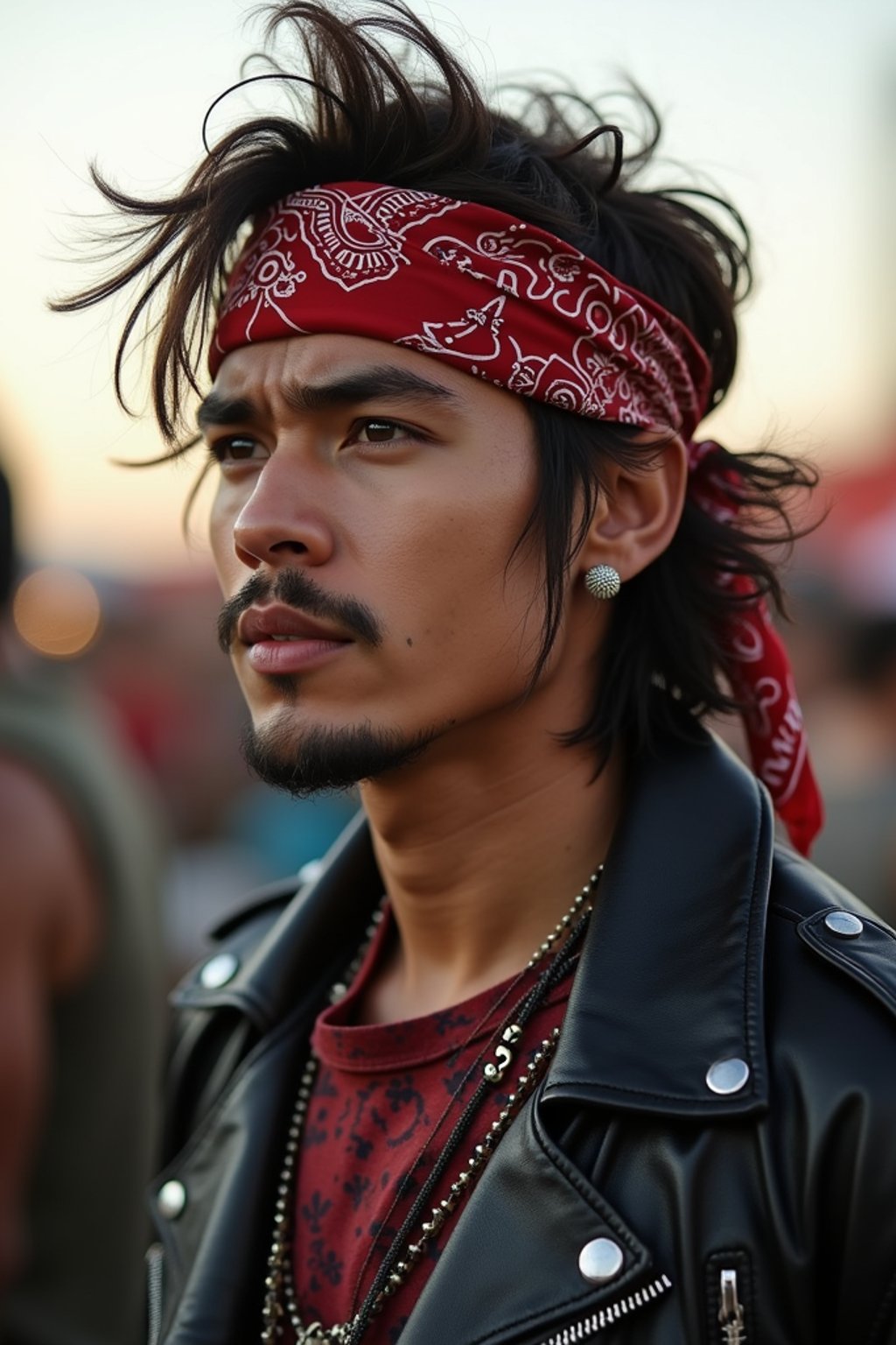 a stunning man in  a leather jacket and bandana, embodying the fusion of bohemian and rock n roll styles at the festival