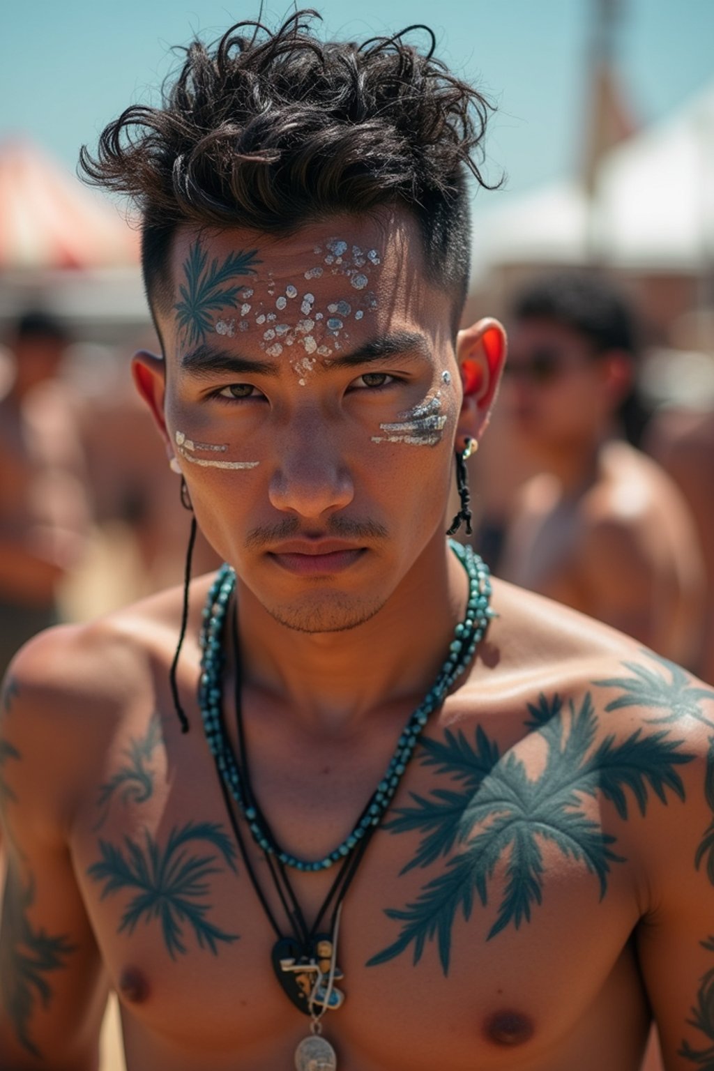 a man with  bold face and body art, capturing the artistic and expressive side of the music festival experience