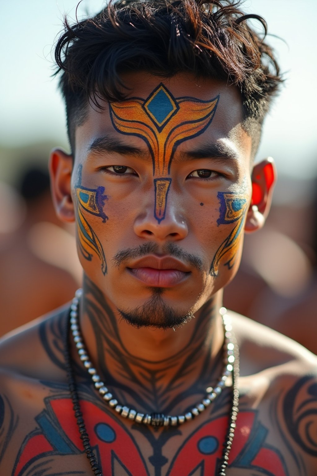 a man with  bold face and body art, capturing the artistic and expressive side of the music festival experience