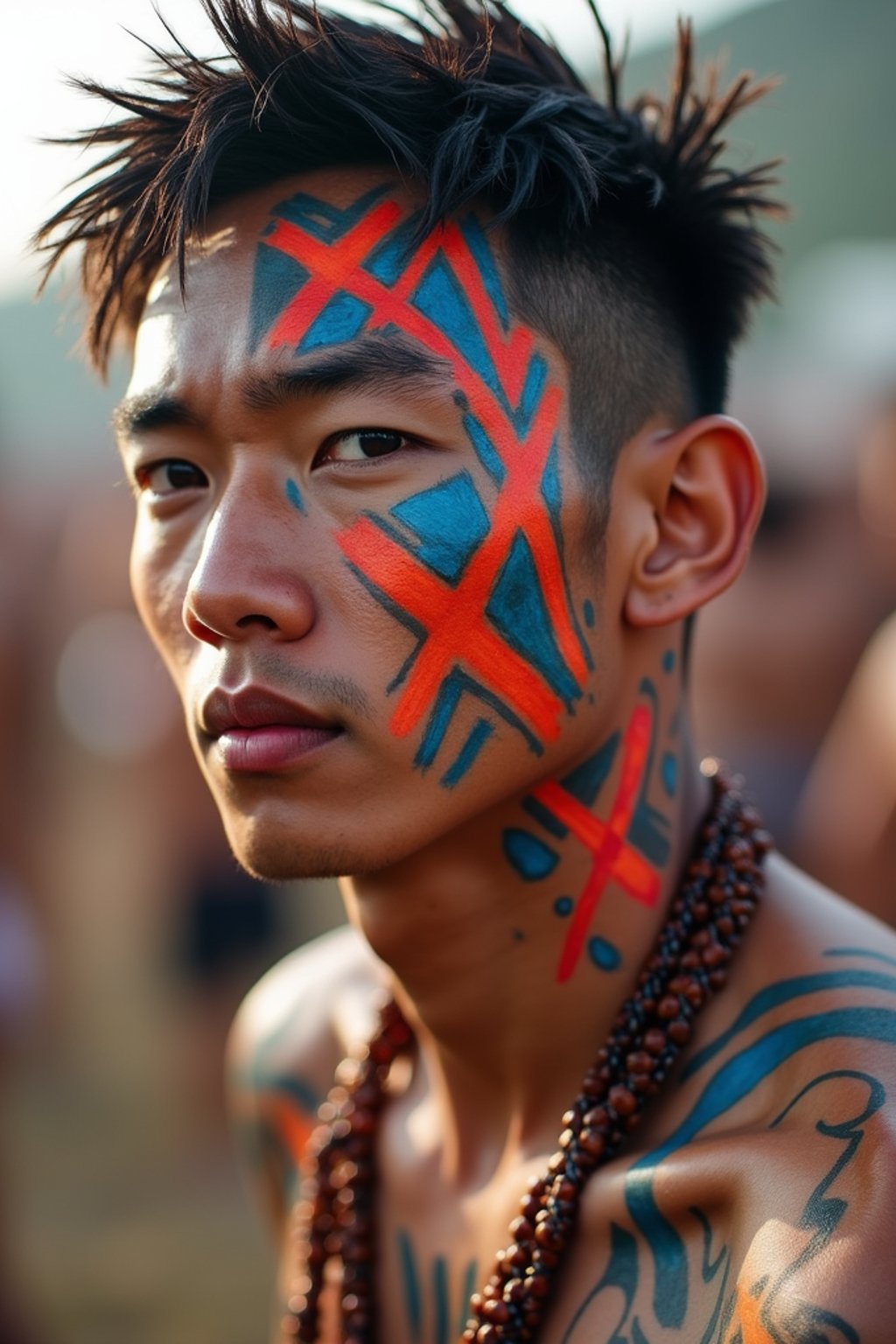 a man with  bold face and body art, capturing the artistic and expressive side of the music festival experience