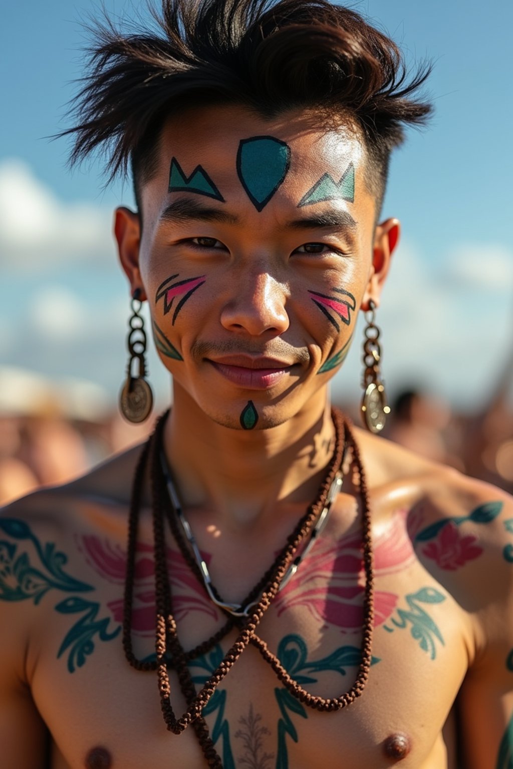 a man with  bold face and body art, capturing the artistic and expressive side of the music festival experience