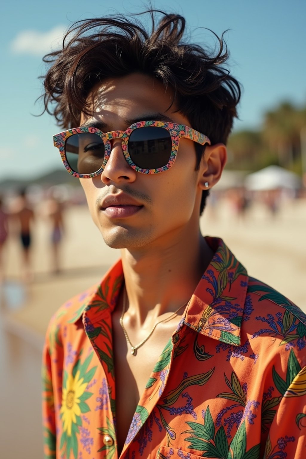 a stunning man in  a vibrant button-up shirt and funky sunglasses, capturing their eclectic and fashionable festival look