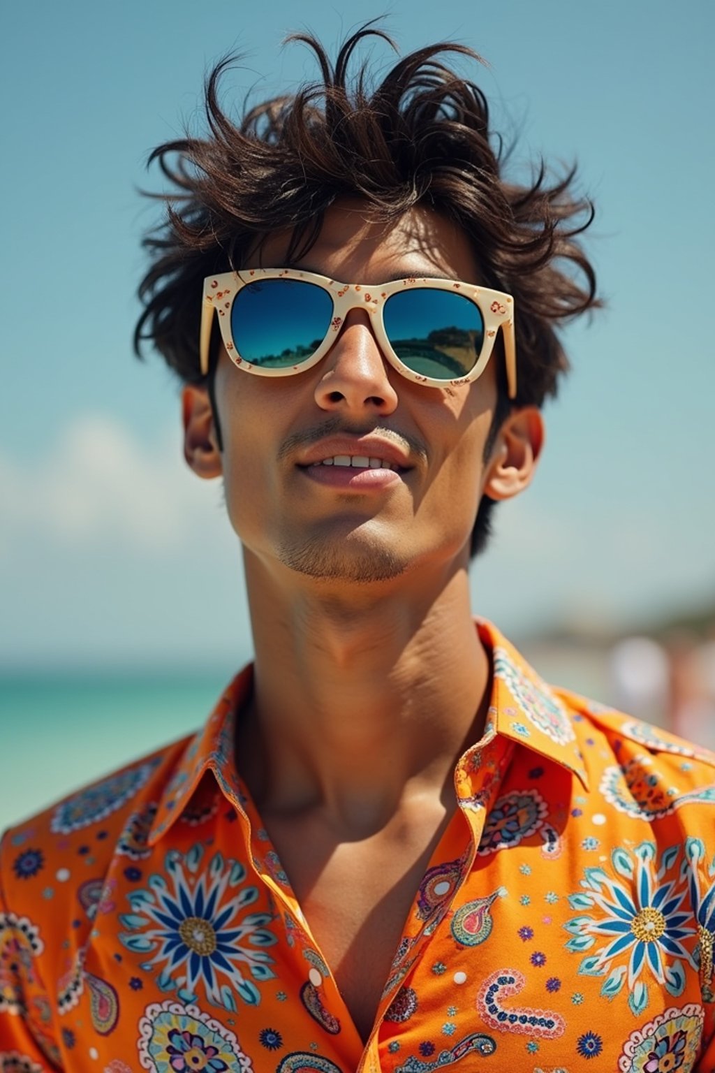 a stunning man in  a vibrant button-up shirt and funky sunglasses, capturing their eclectic and fashionable festival look