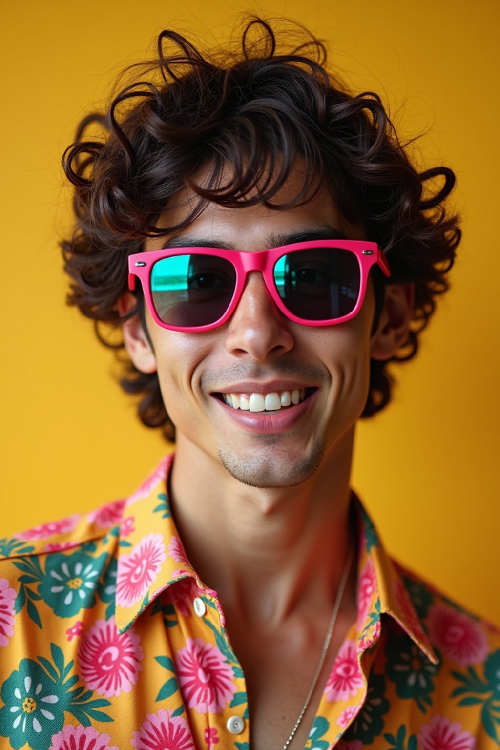 a stunning man in  a vibrant button-up shirt and funky sunglasses, capturing their eclectic and fashionable festival look