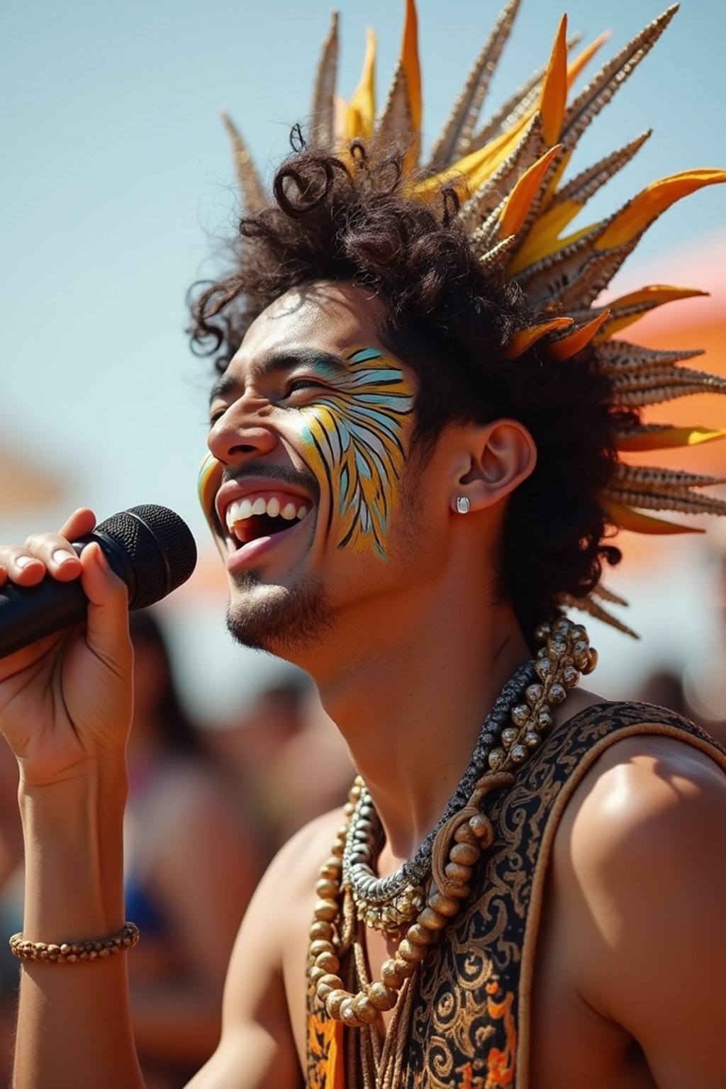 a man enjoying a live performance on a sunny day, with  a bold face paint design, radiating the joy and excitement of the festival