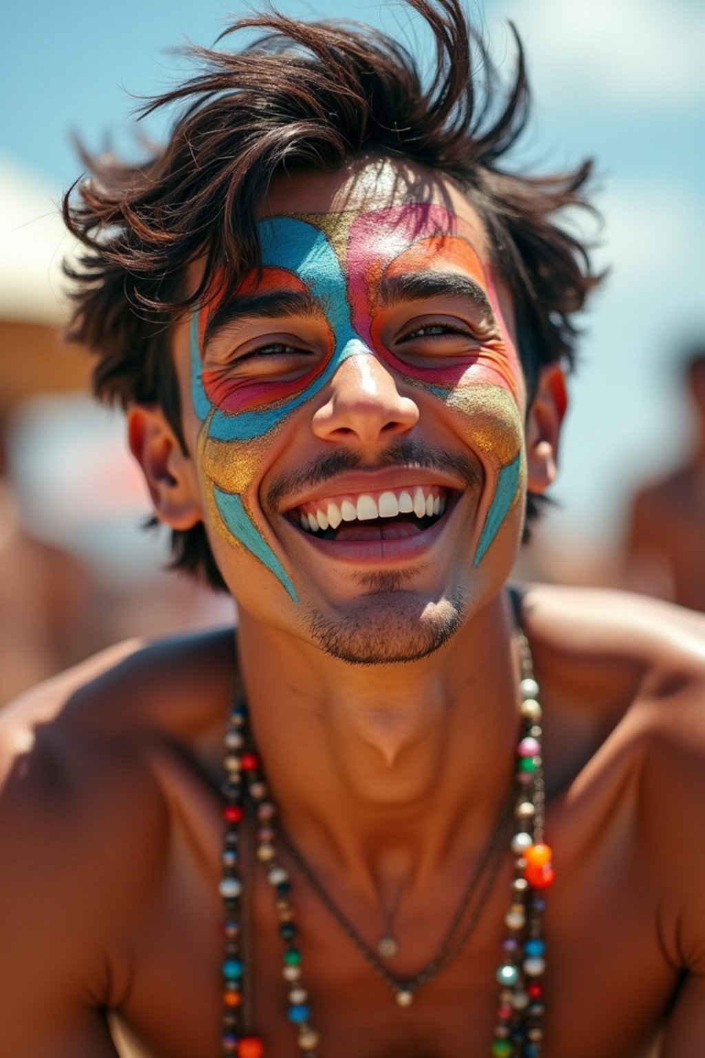 a man enjoying a live performance on a sunny day, with  a bold face paint design, radiating the joy and excitement of the festival