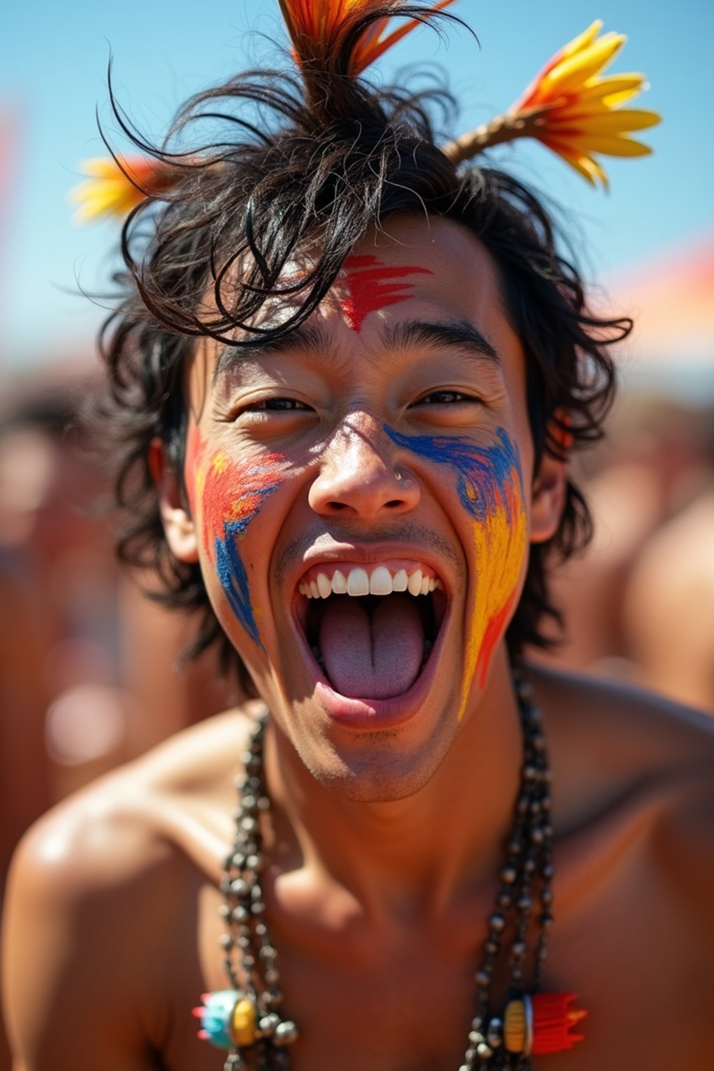 a man enjoying a live performance on a sunny day, with  a bold face paint design, radiating the joy and excitement of the festival