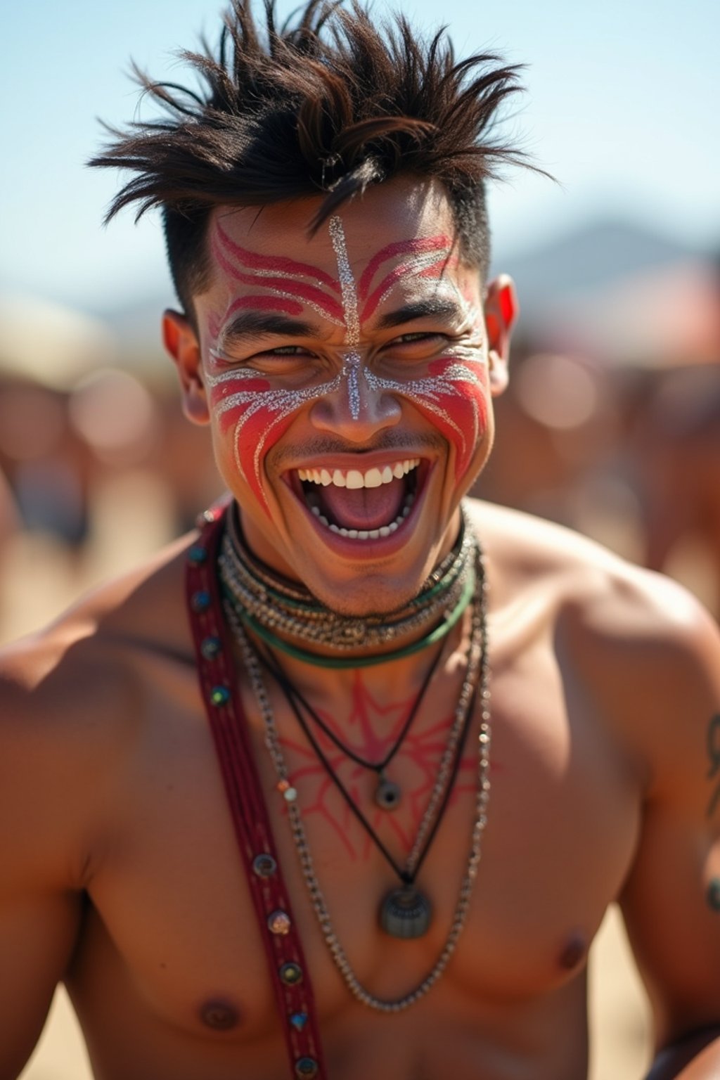 a man enjoying a live performance on a sunny day, with  a bold face paint design, radiating the joy and excitement of the festival