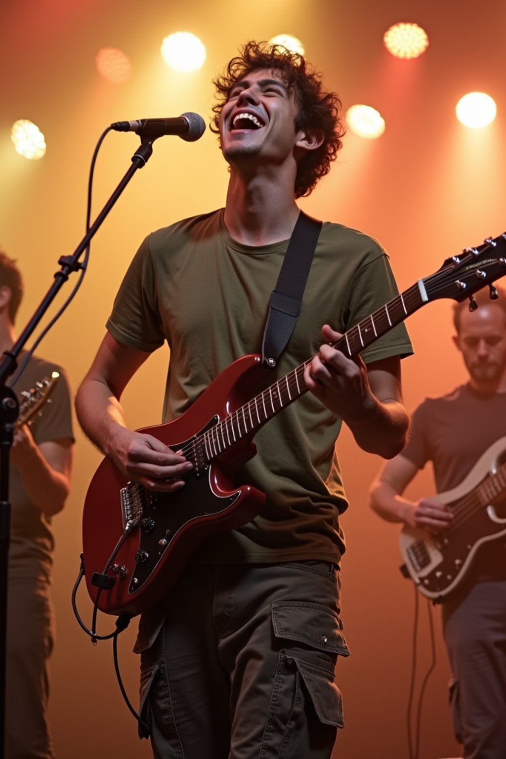 a man in  a t-shirt and cargo pants, capturing their infectious energy and enthusiasm for the music