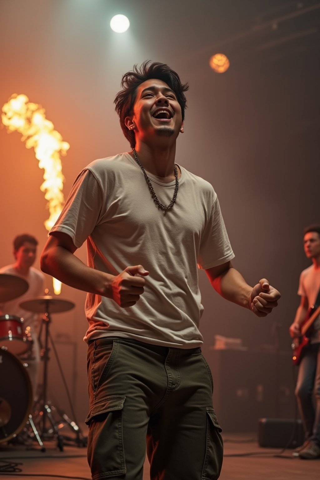 a man in  a t-shirt and cargo pants, capturing their infectious energy and enthusiasm for the music