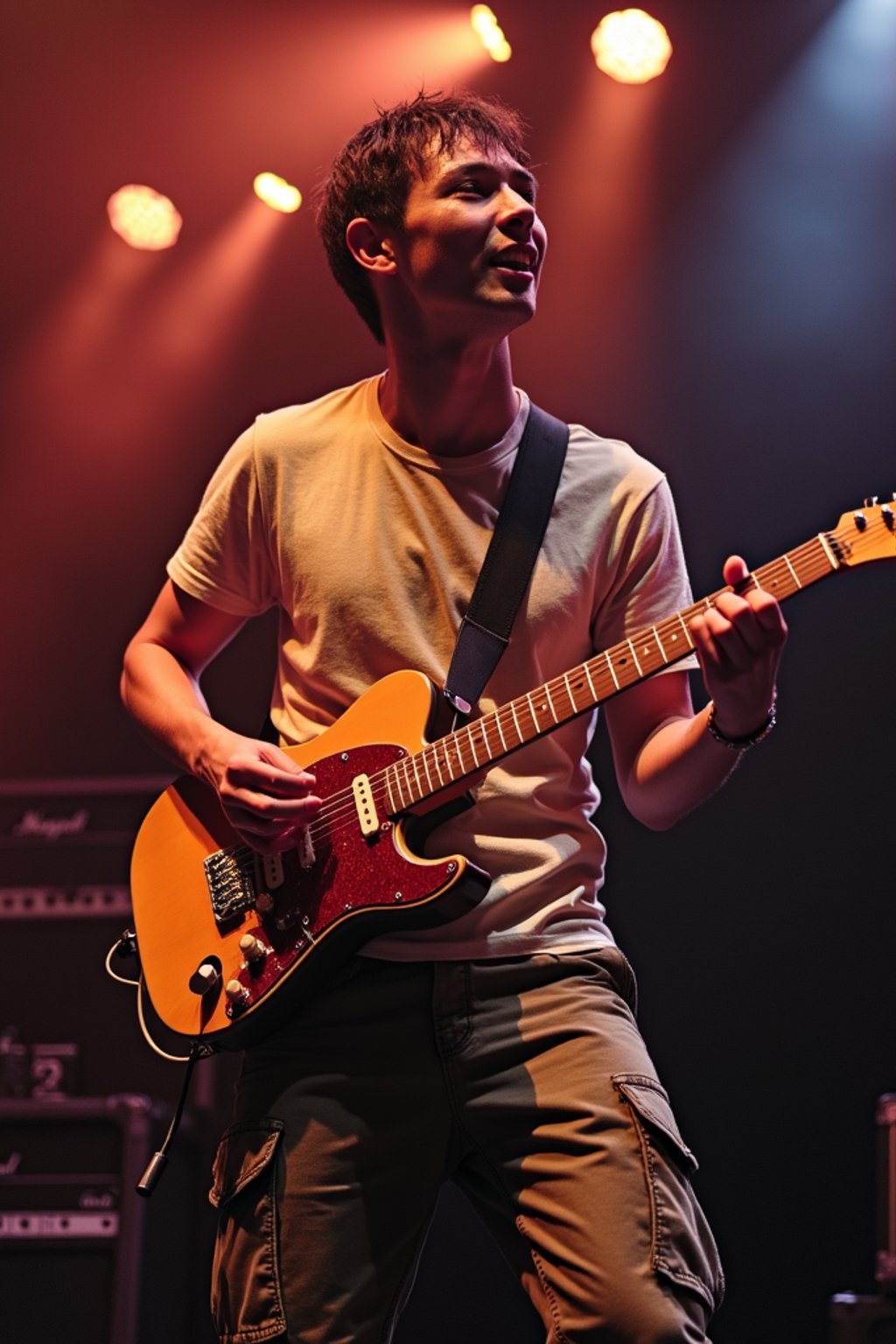 a man in  a t-shirt and cargo pants, capturing their infectious energy and enthusiasm for the music