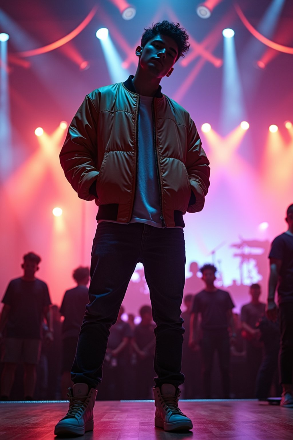 a man in  a cool bomber jacket and sneakers, striking a pose in front of a stage backdrop, capturing the excitement of a music festival