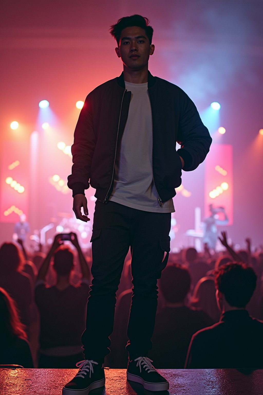 a man in  a cool bomber jacket and sneakers, striking a pose in front of a stage backdrop, capturing the excitement of a music festival