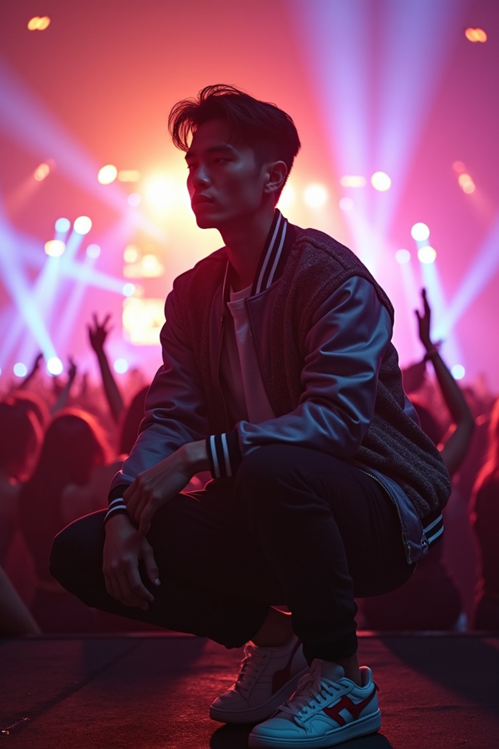 a man in  a cool bomber jacket and sneakers, striking a pose in front of a stage backdrop, capturing the excitement of a music festival