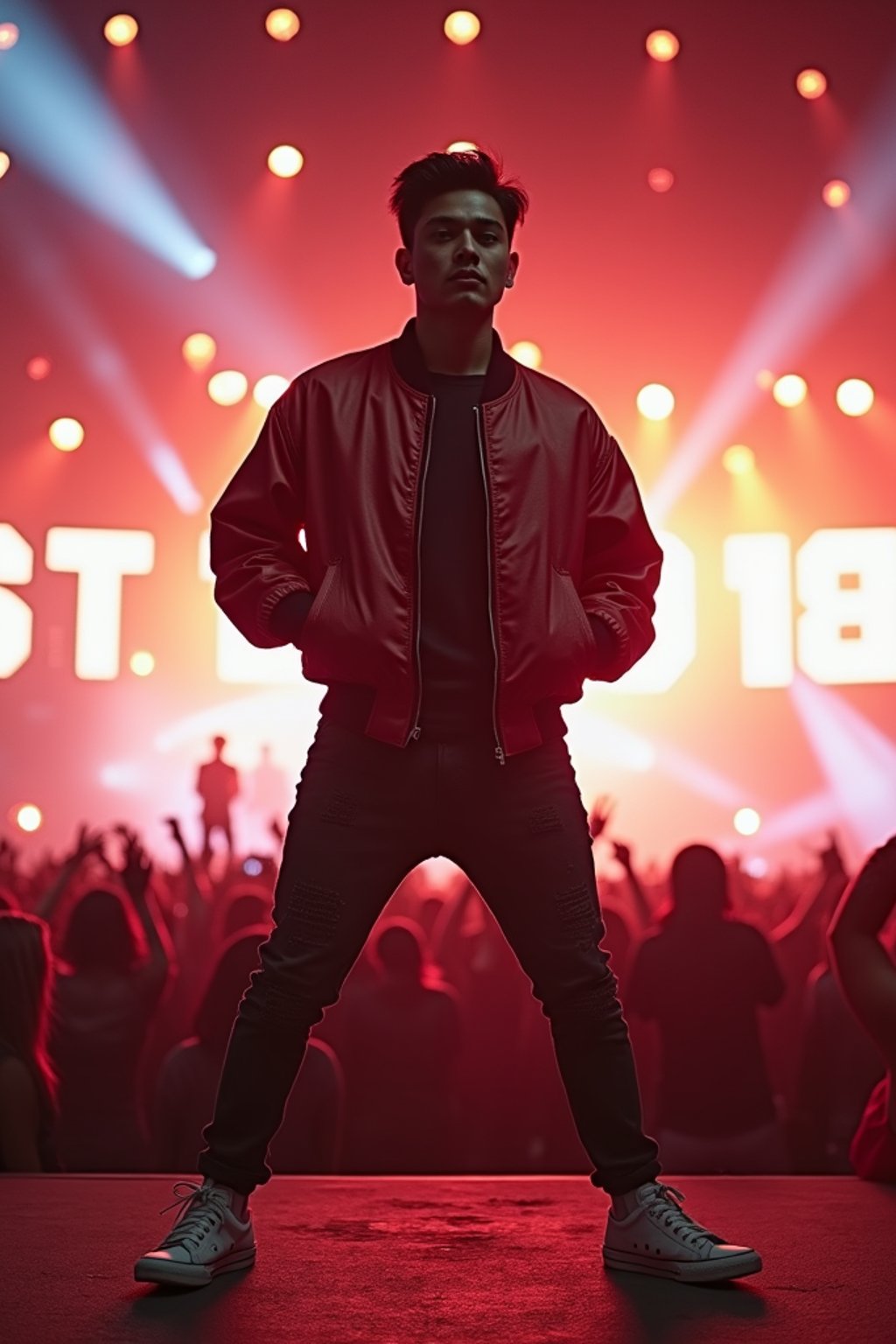 a man in  a cool bomber jacket and sneakers, striking a pose in front of a stage backdrop, capturing the excitement of a music festival