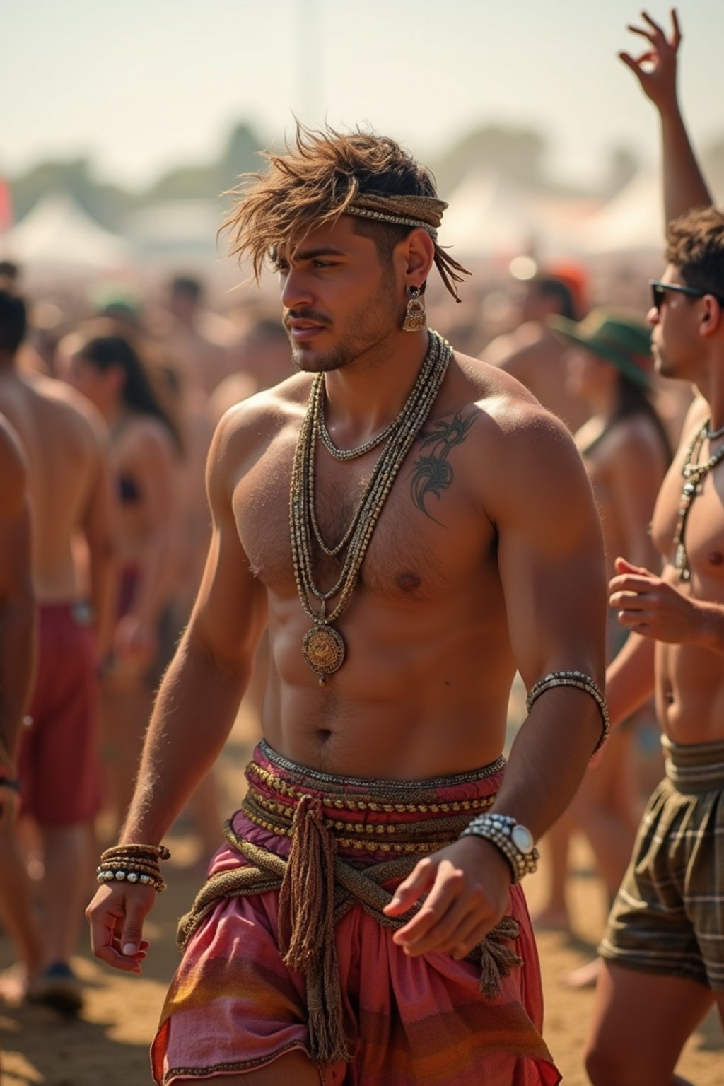 a man in a festival-inspired outfit, dancing with  a crowd of fellow festival-goers, capturing the energetic and lively atmosphere