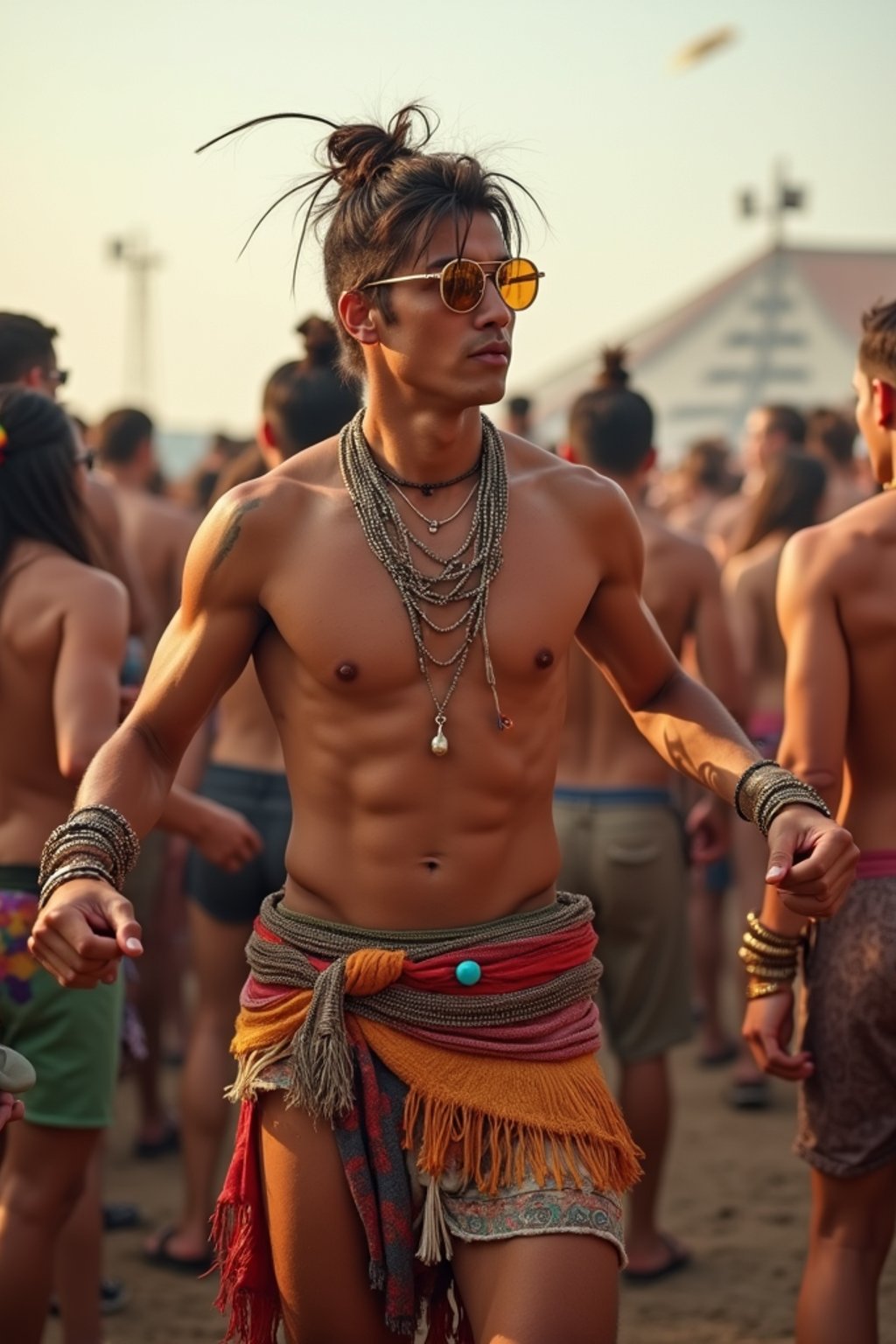 a man in a festival-inspired outfit, dancing with  a crowd of fellow festival-goers, capturing the energetic and lively atmosphere