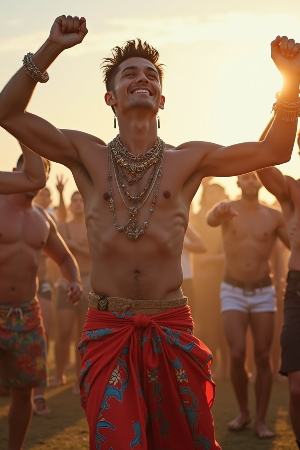 a man in a festival-inspired outfit, dancing with  a crowd of fellow festival-goers, capturing the energetic and lively atmosphere