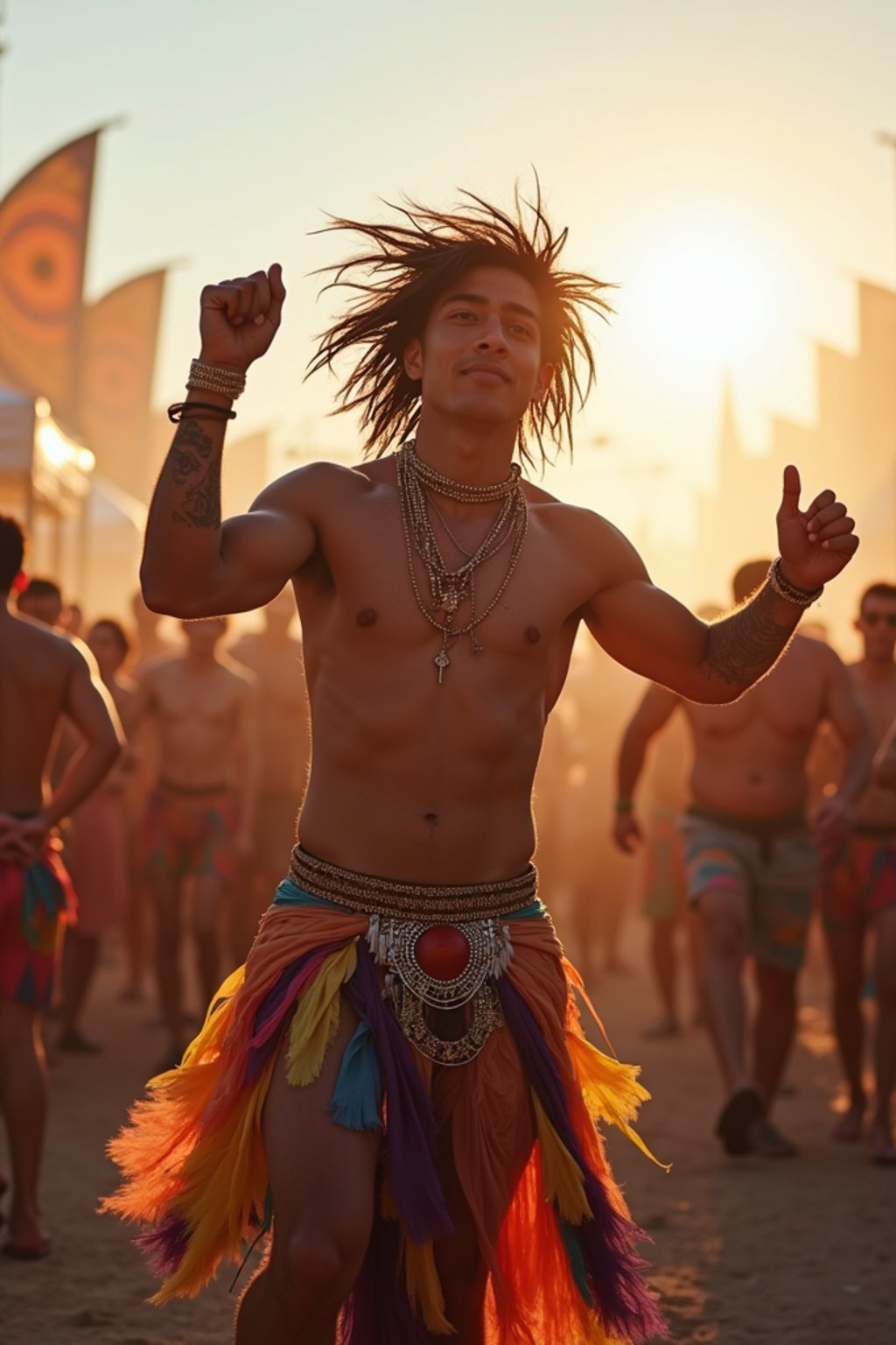 a man in a festival-inspired outfit, dancing with  a crowd of fellow festival-goers, capturing the energetic and lively atmosphere