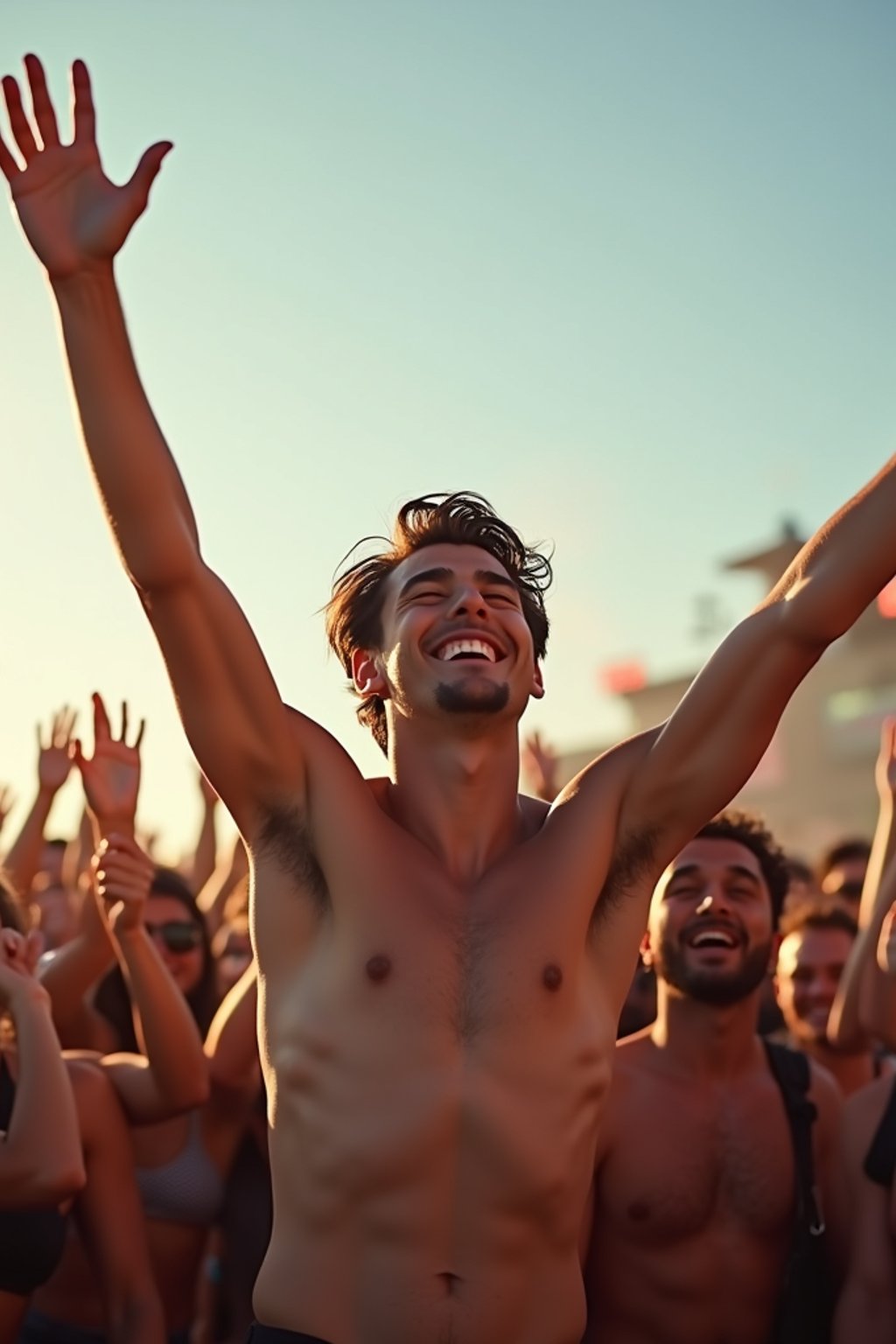 a man enjoying the live music on a sunny day, surrounded by  energetic fans and raising their hands in excitement