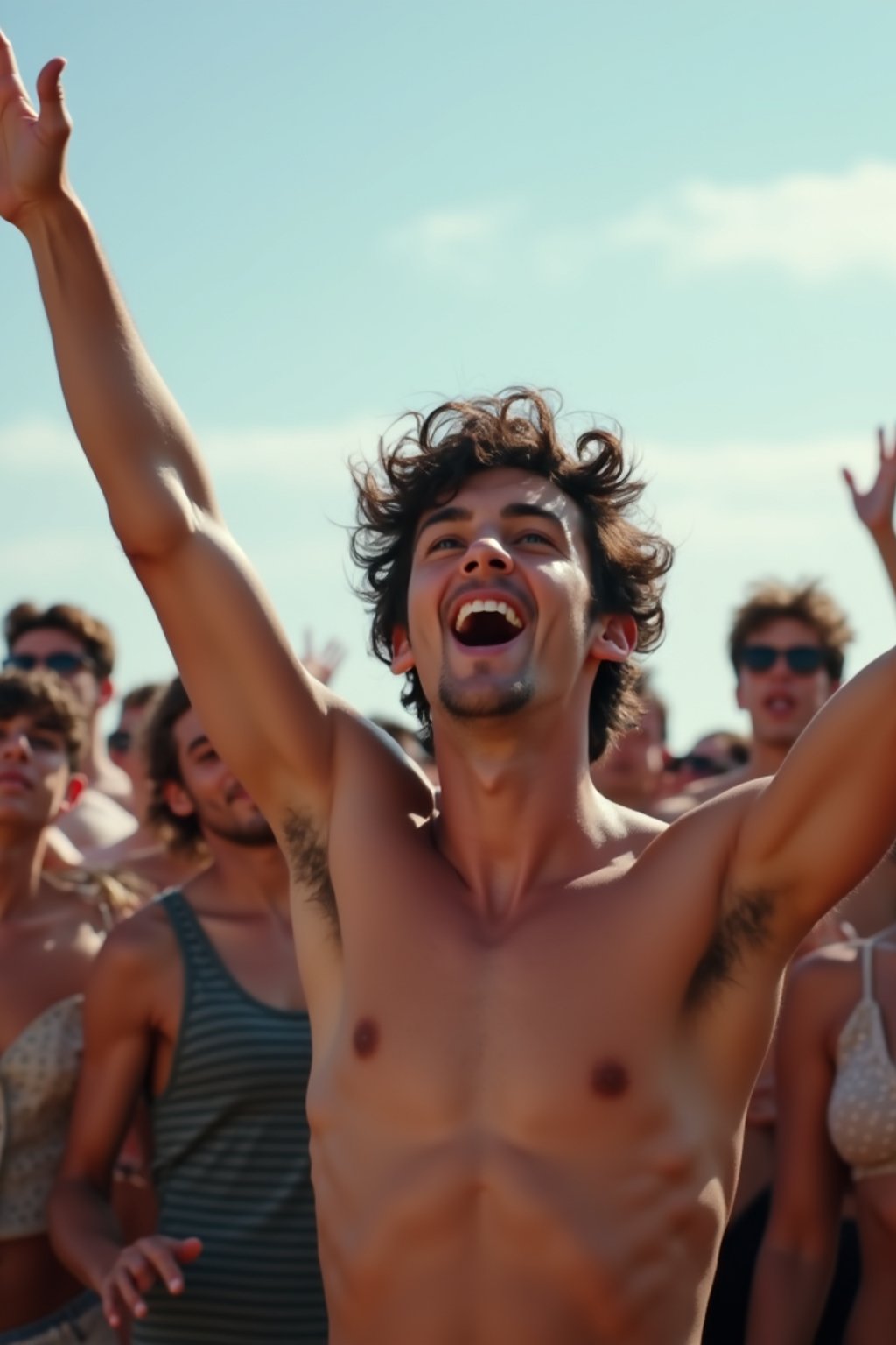 a man enjoying the live music on a sunny day, surrounded by  energetic fans and raising their hands in excitement