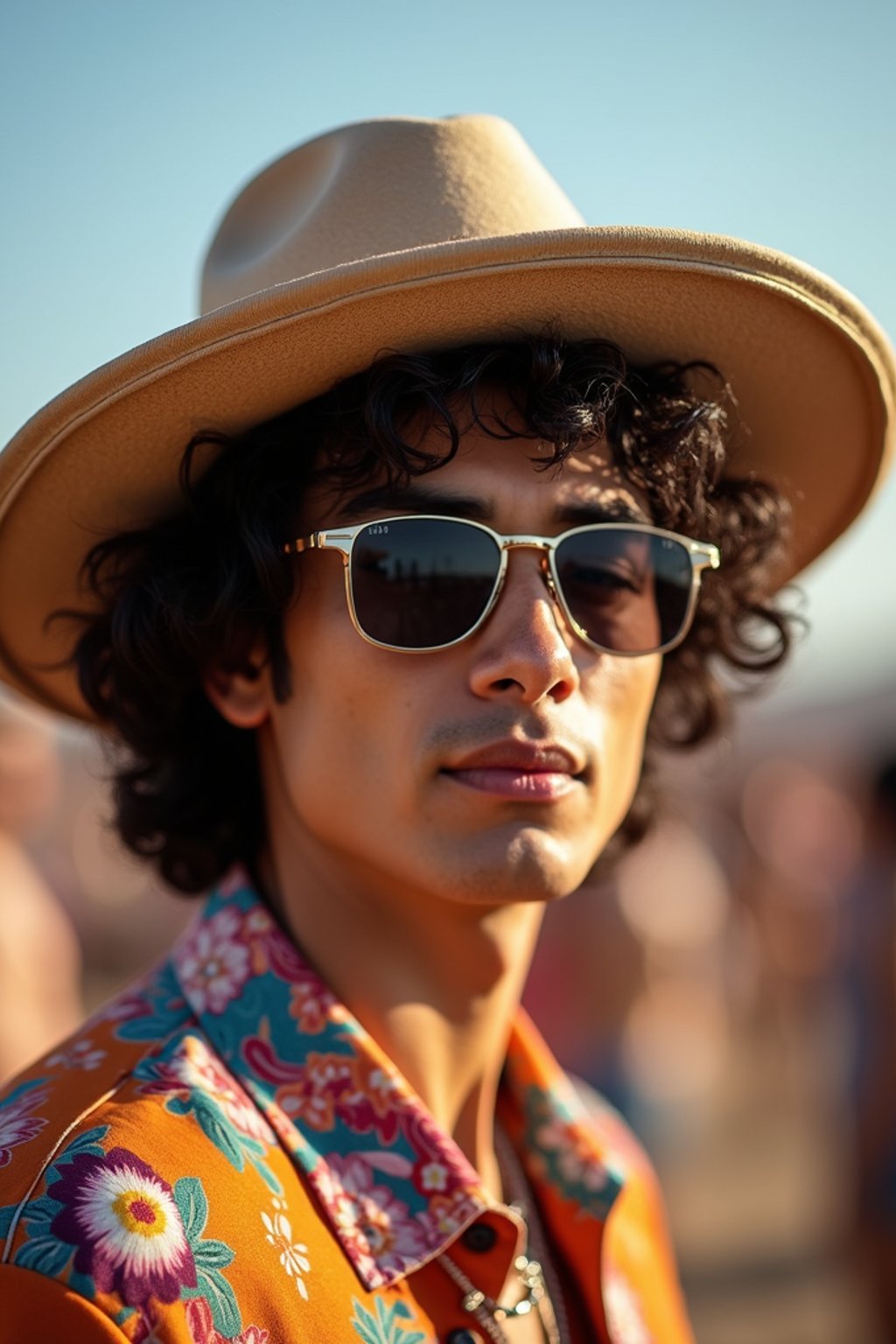 a stunning man with  a stylish hat and sunglasses, capturing the essence of festival fashion and individuality