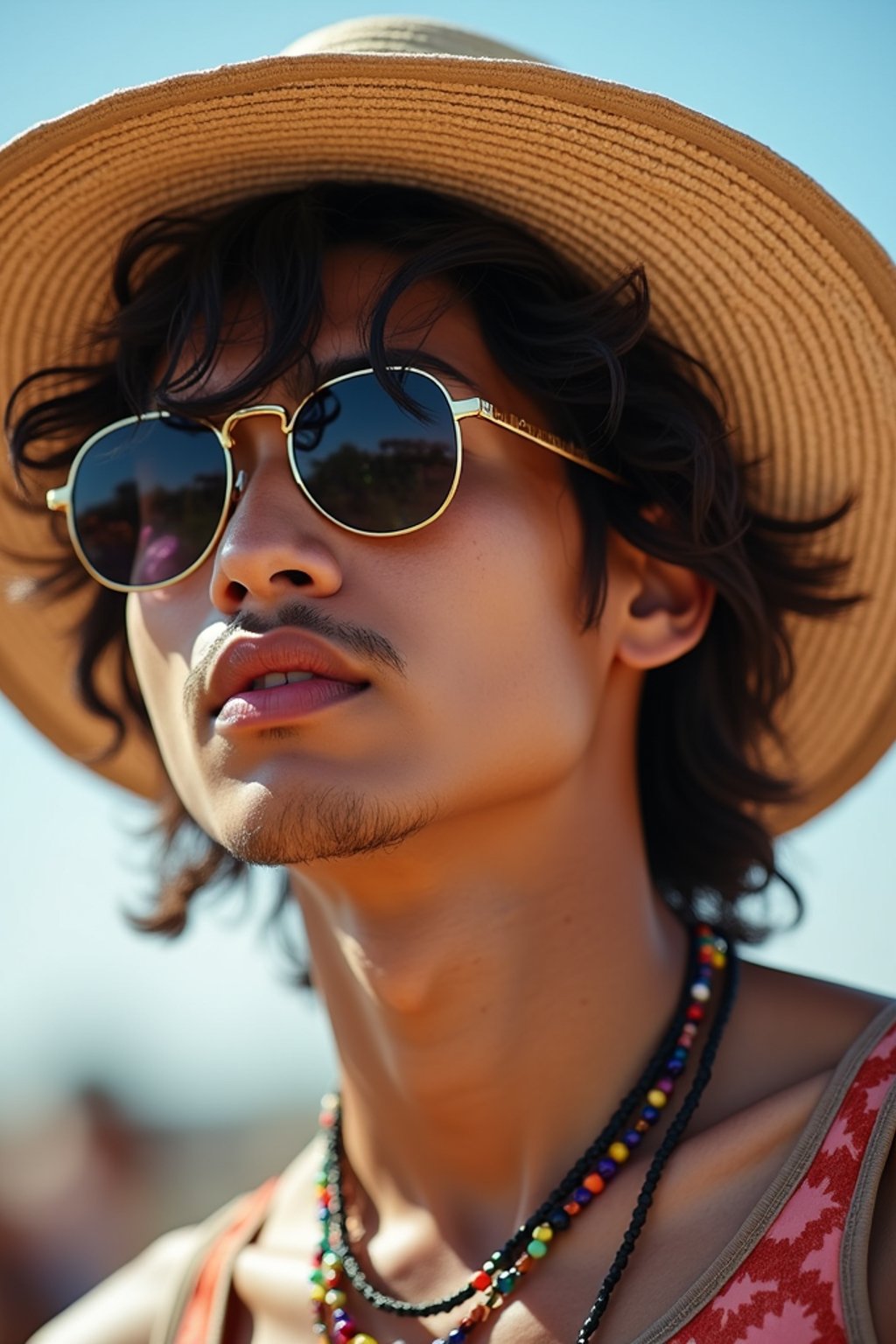 a stunning man with  a stylish hat and sunglasses, capturing the essence of festival fashion and individuality