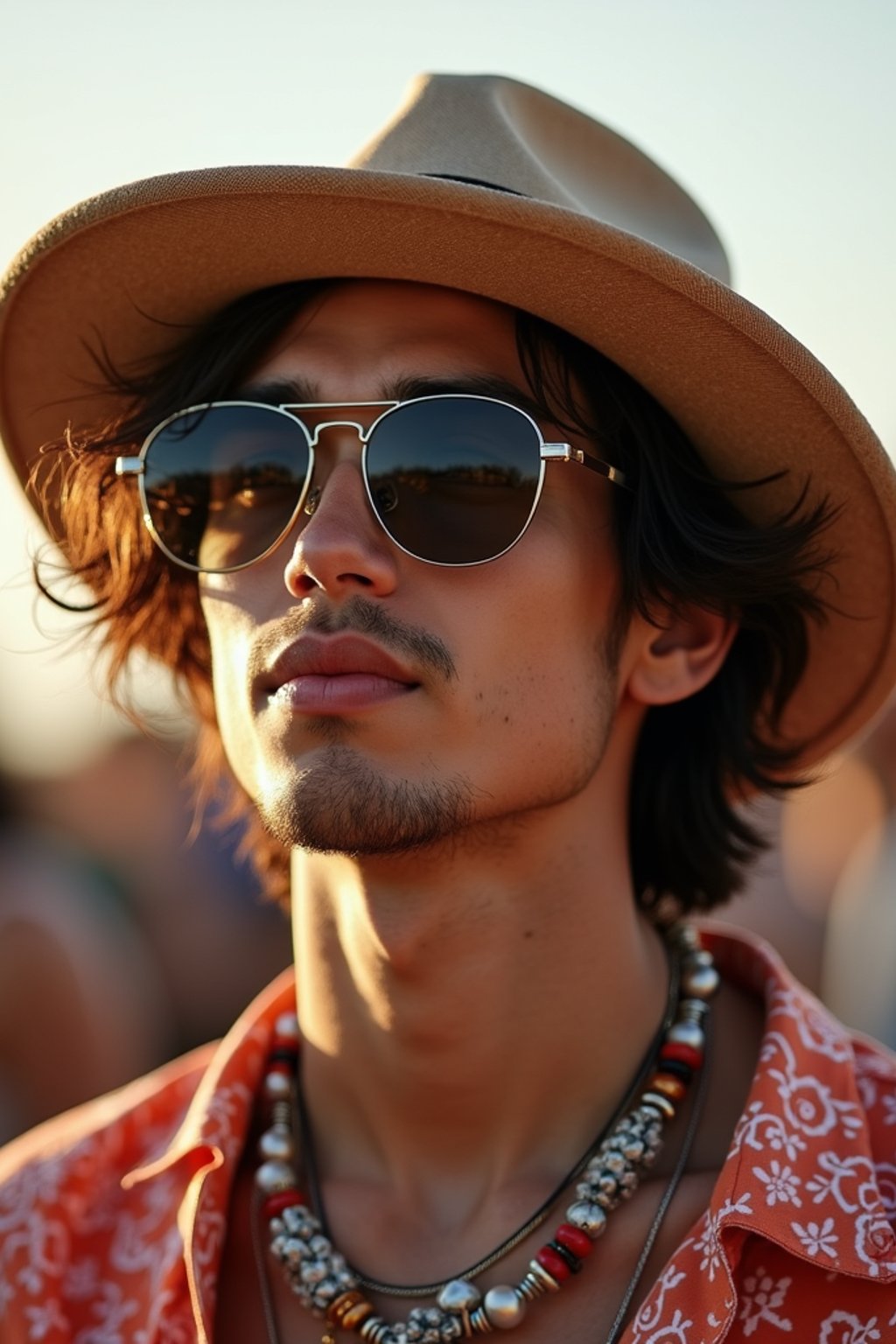 a stunning man with  a stylish hat and sunglasses, capturing the essence of festival fashion and individuality