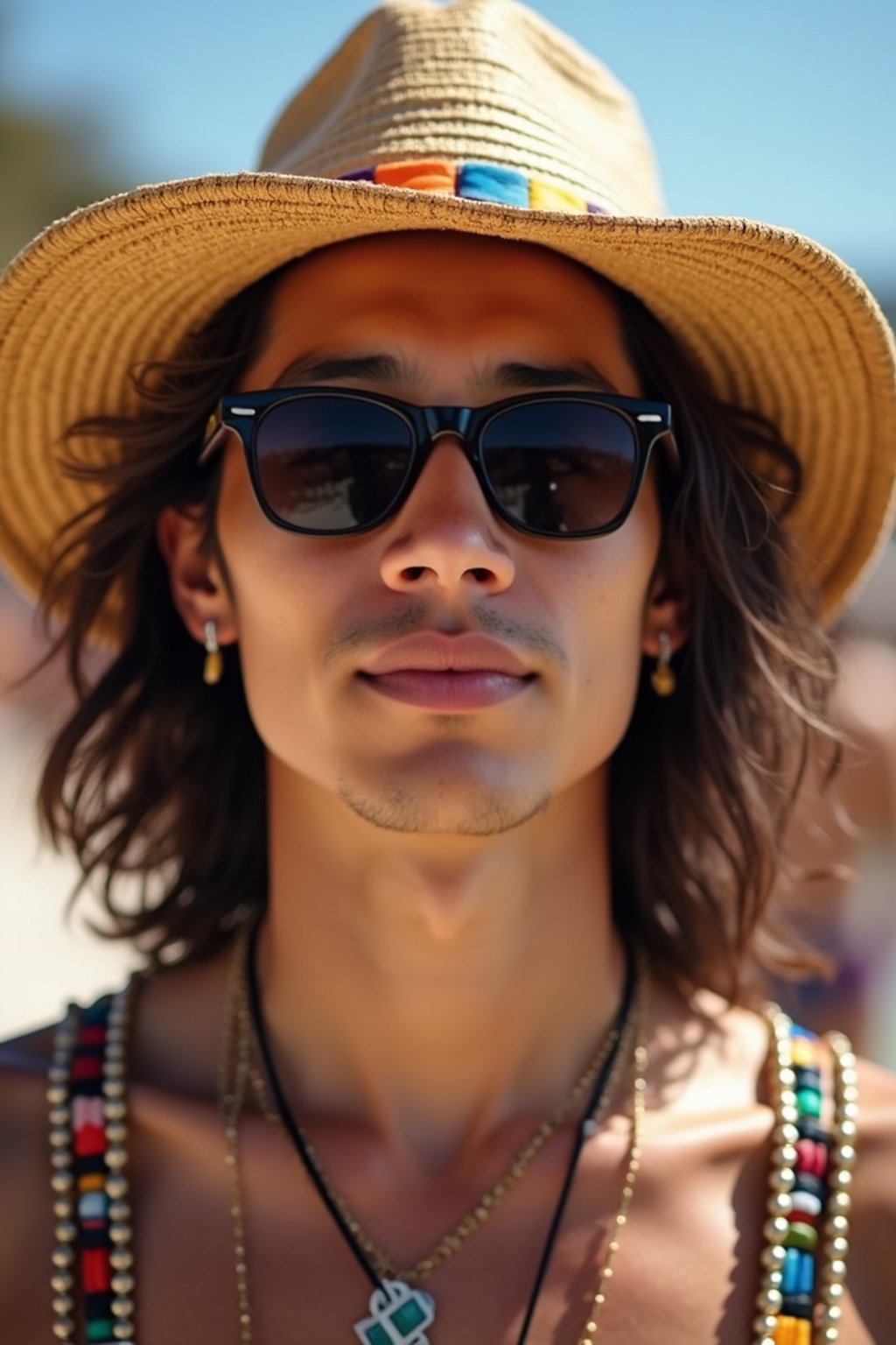 a stunning man with  a stylish hat and sunglasses, capturing the essence of festival fashion and individuality