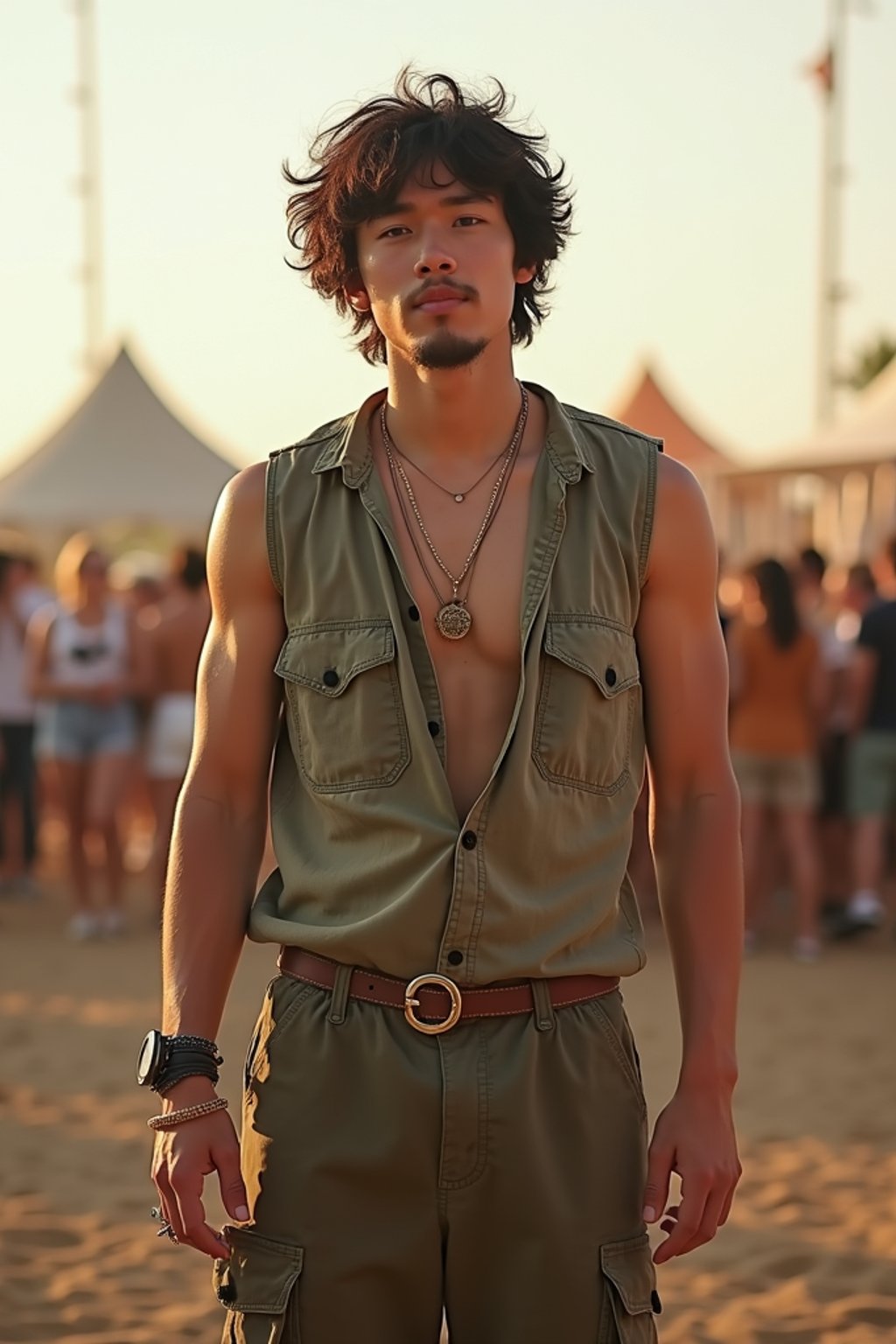 a man in  a sleeveless shirt and cargo pants, embodying the free-spirited and carefree nature of a music festival