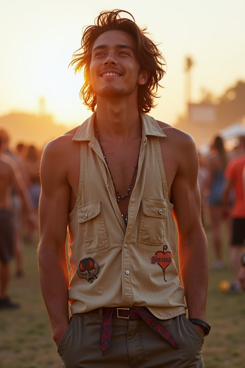 a man in  a sleeveless shirt and cargo pants, embodying the free-spirited and carefree nature of a music festival