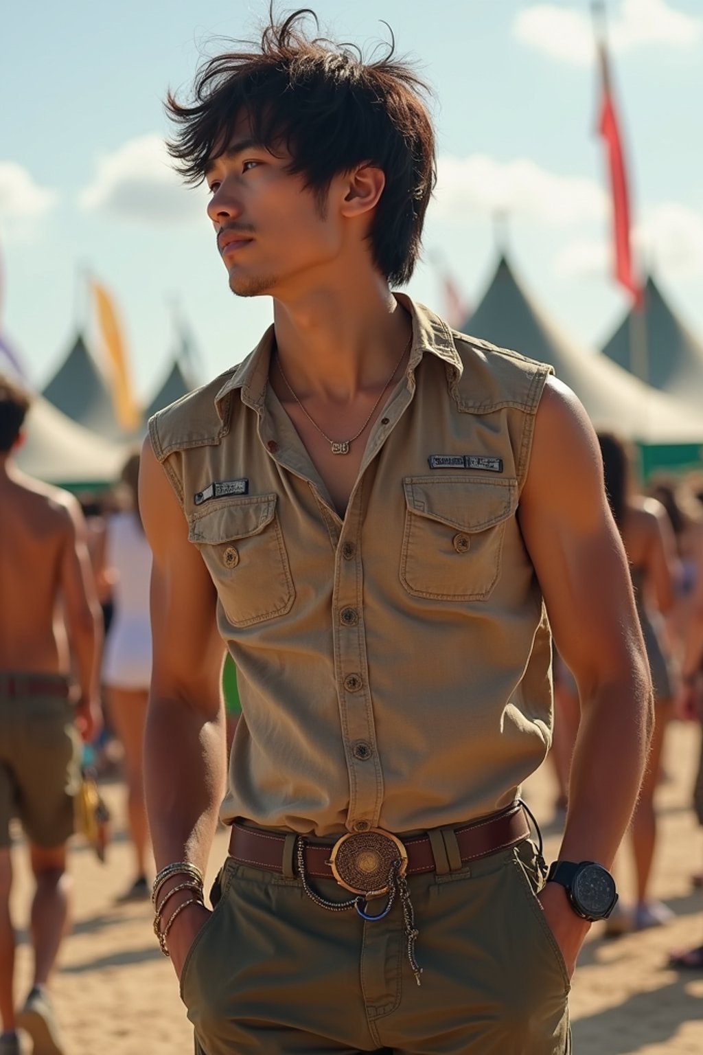 a man in  a sleeveless shirt and cargo pants, embodying the free-spirited and carefree nature of a music festival