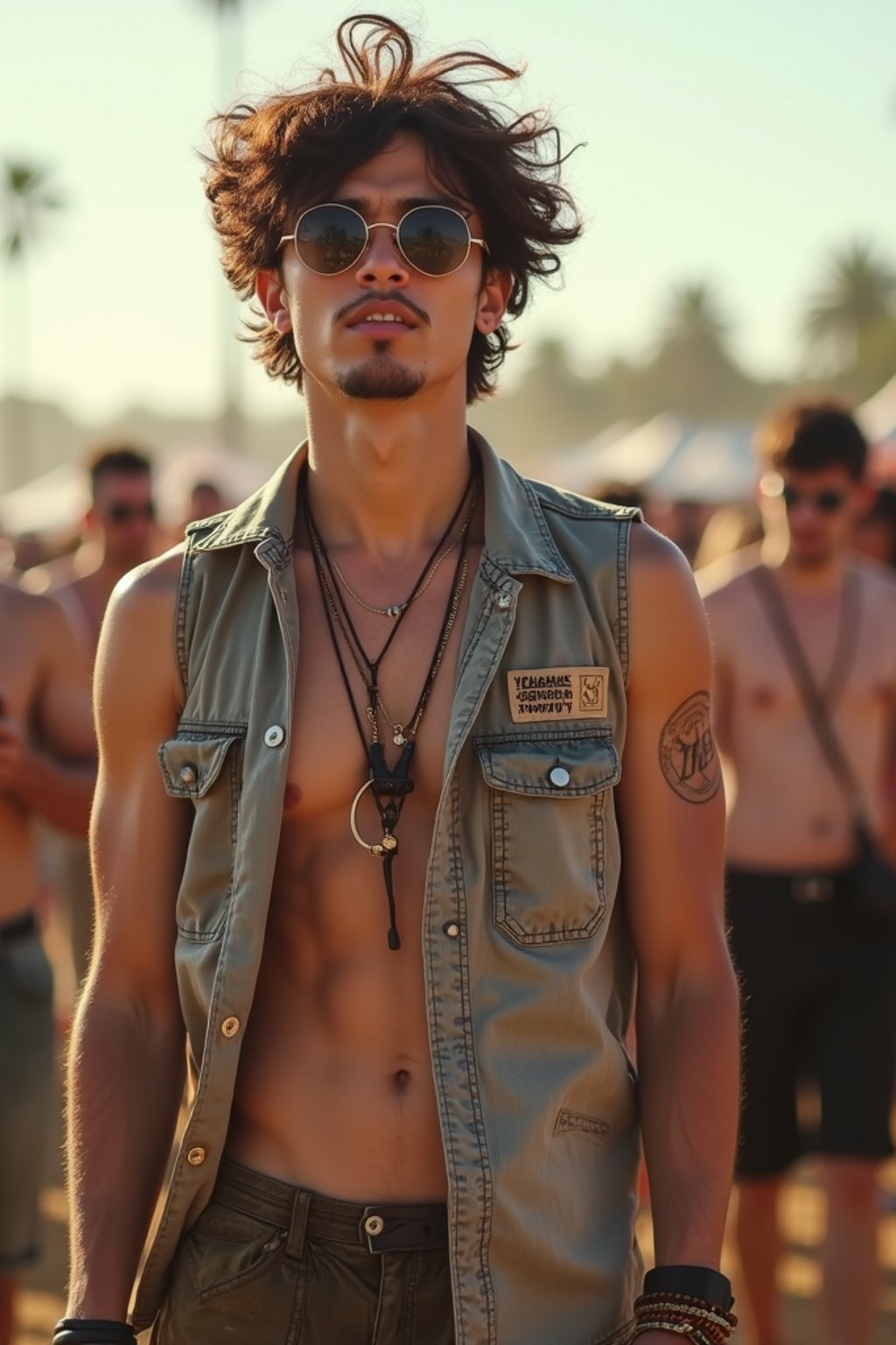 a man in  a sleeveless shirt and cargo pants, embodying the free-spirited and carefree nature of a music festival