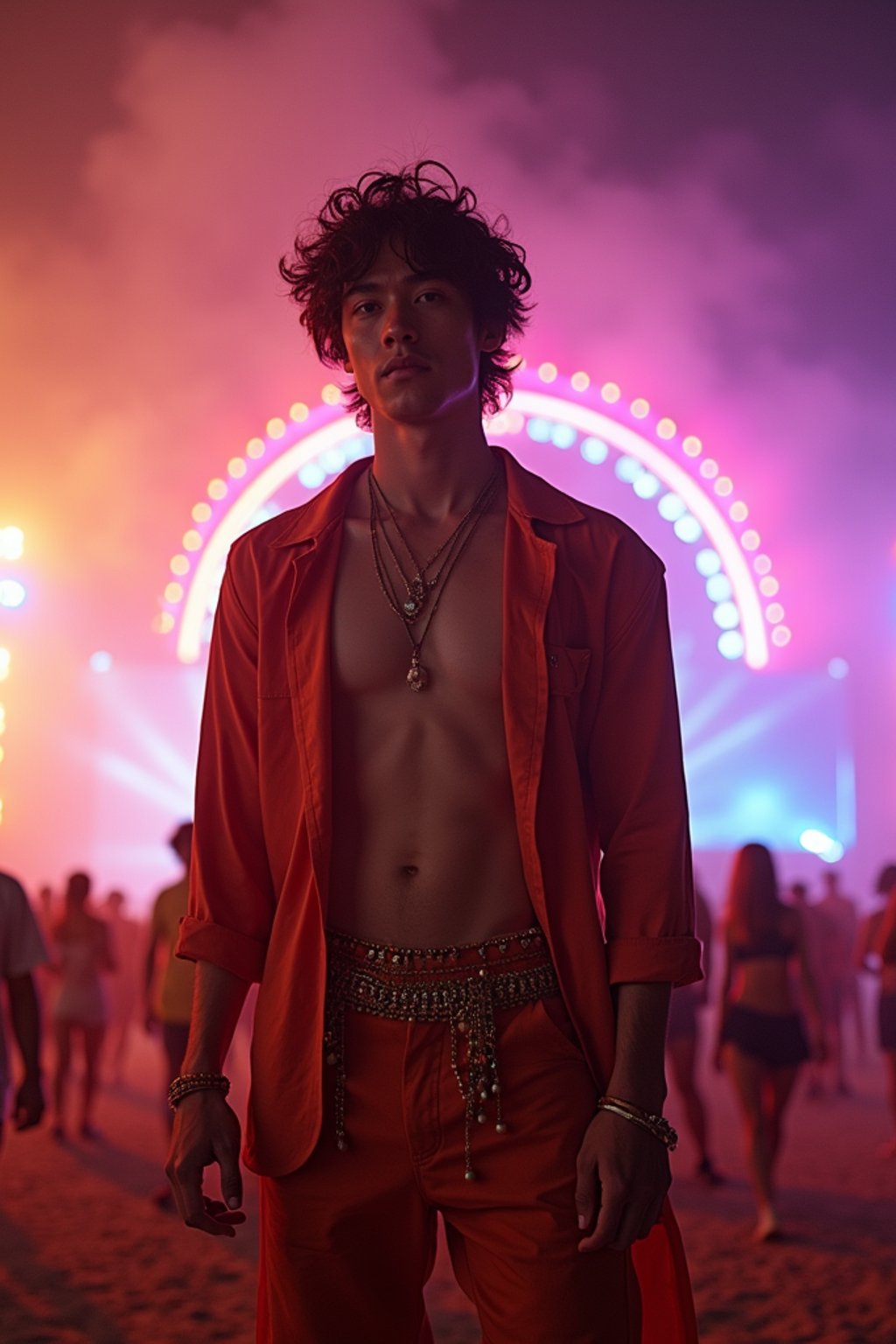 an incredibly attractive man in a festival outfit, embracing the festival vibes and posing against a backdrop of colorful stage lights and decorations