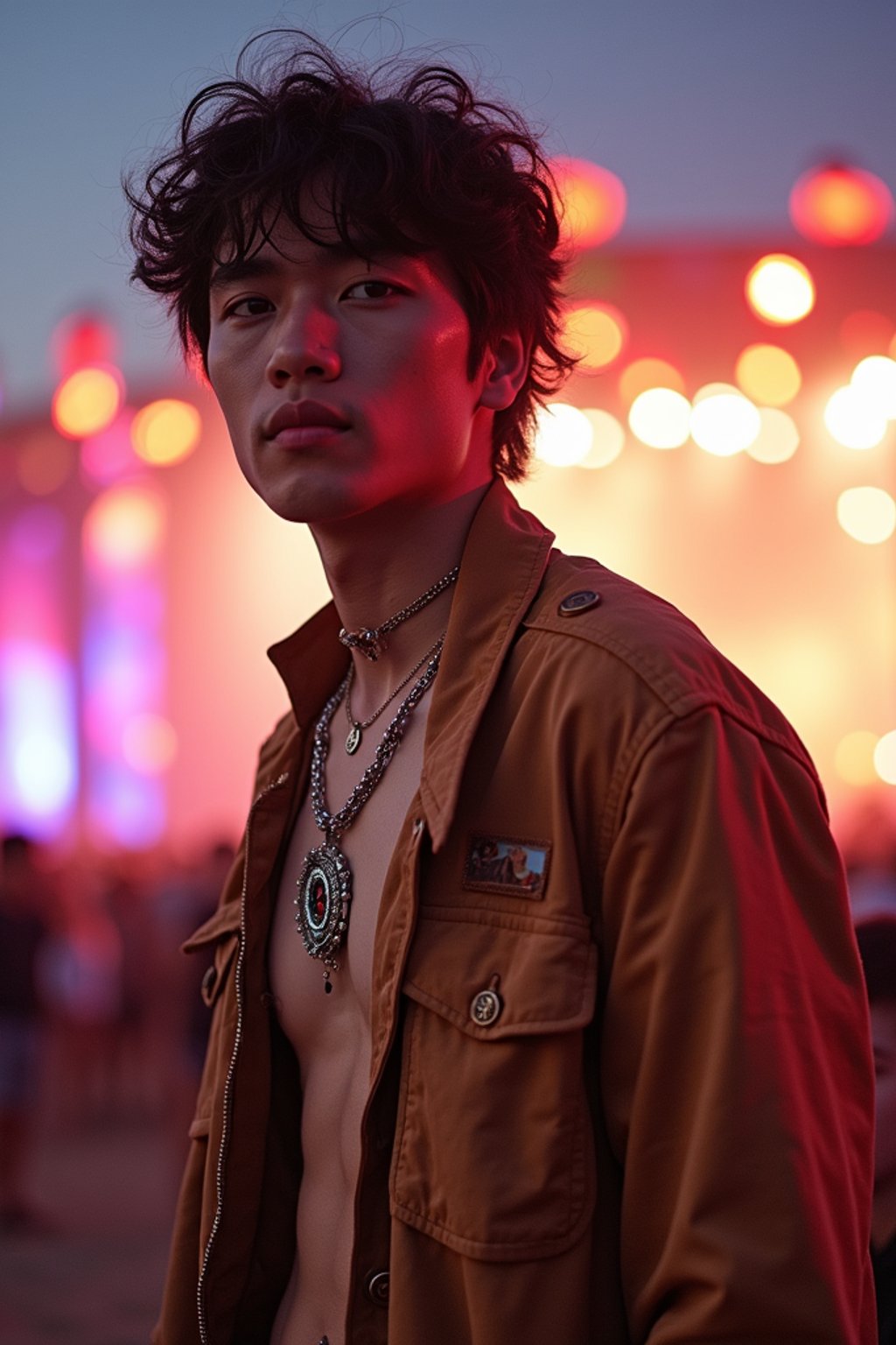 an incredibly attractive man in a festival outfit, embracing the festival vibes and posing against a backdrop of colorful stage lights and decorations