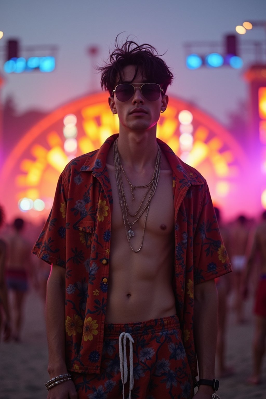 an incredibly attractive man in a festival outfit, embracing the festival vibes and posing against a backdrop of colorful stage lights and decorations