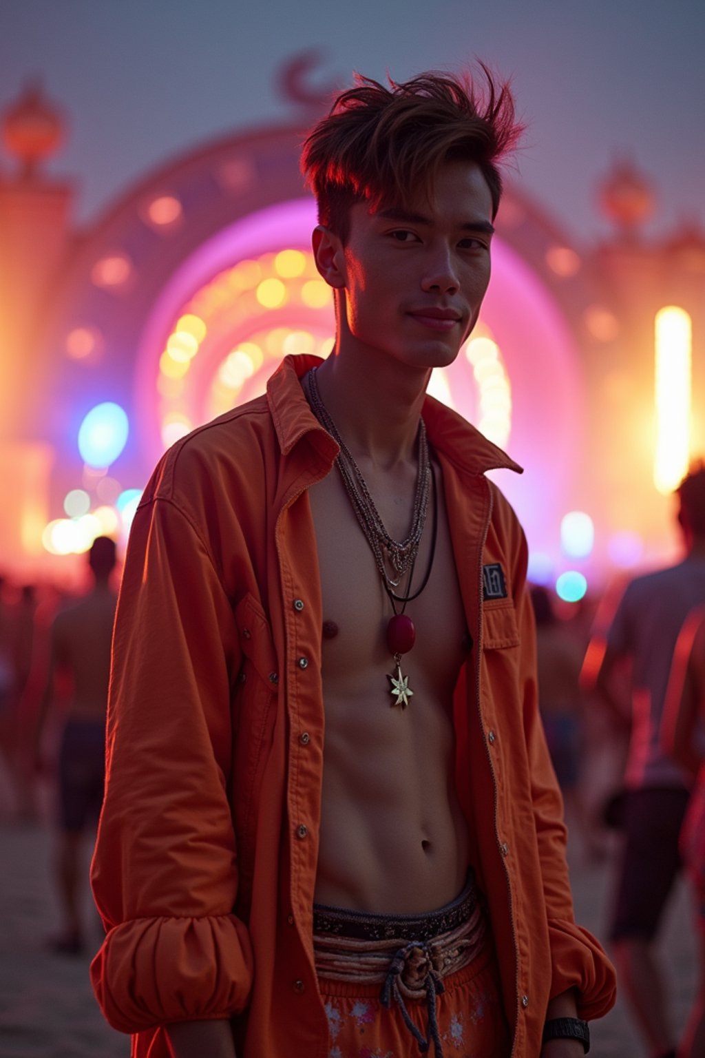 an incredibly attractive man in a festival outfit, embracing the festival vibes and posing against a backdrop of colorful stage lights and decorations