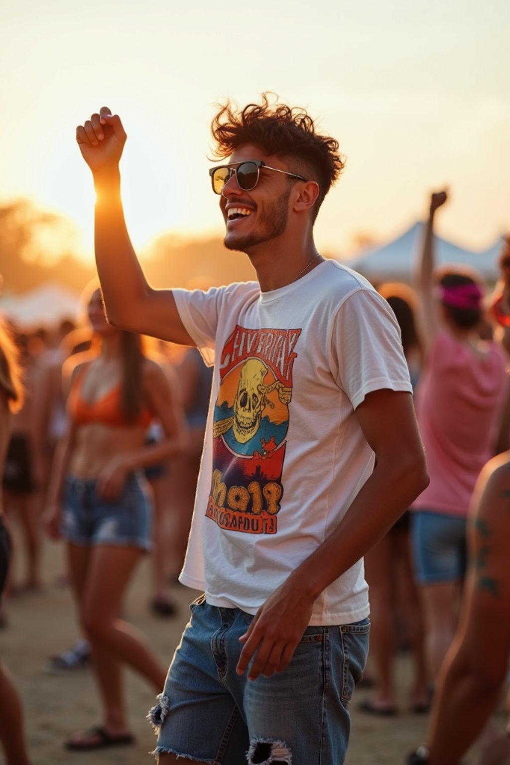 a stunning man as a festival-goer, dancing and enjoying the music in a vibrant crowd, wearing  a colorful graphic t-shirt and denim shorts