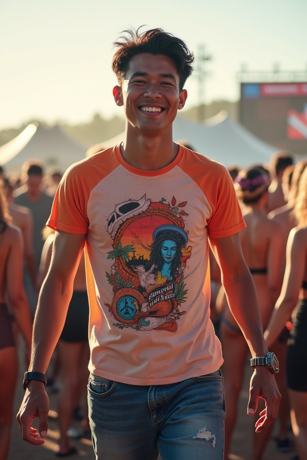 a stunning man as a festival-goer, dancing and enjoying the music in a vibrant crowd, wearing  a colorful graphic t-shirt and denim shorts