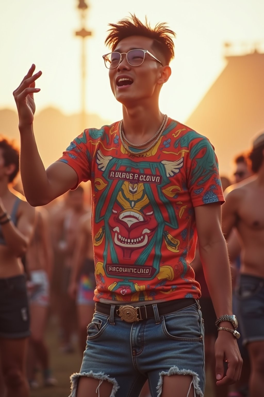 a stunning man as a festival-goer, dancing and enjoying the music in a vibrant crowd, wearing  a colorful graphic t-shirt and denim shorts