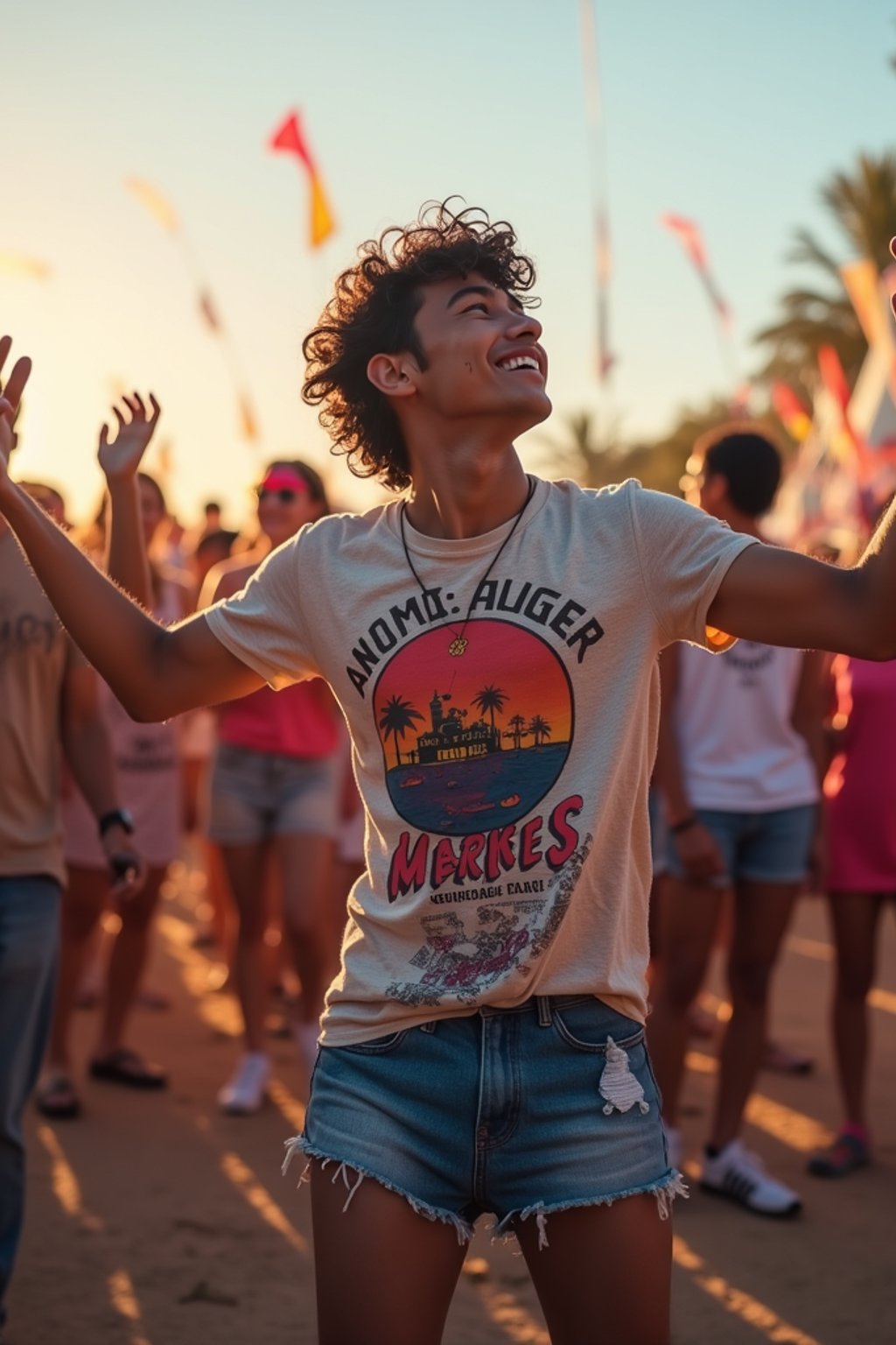 a stunning man as a festival-goer, dancing and enjoying the music in a vibrant crowd, wearing  a colorful graphic t-shirt and denim shorts