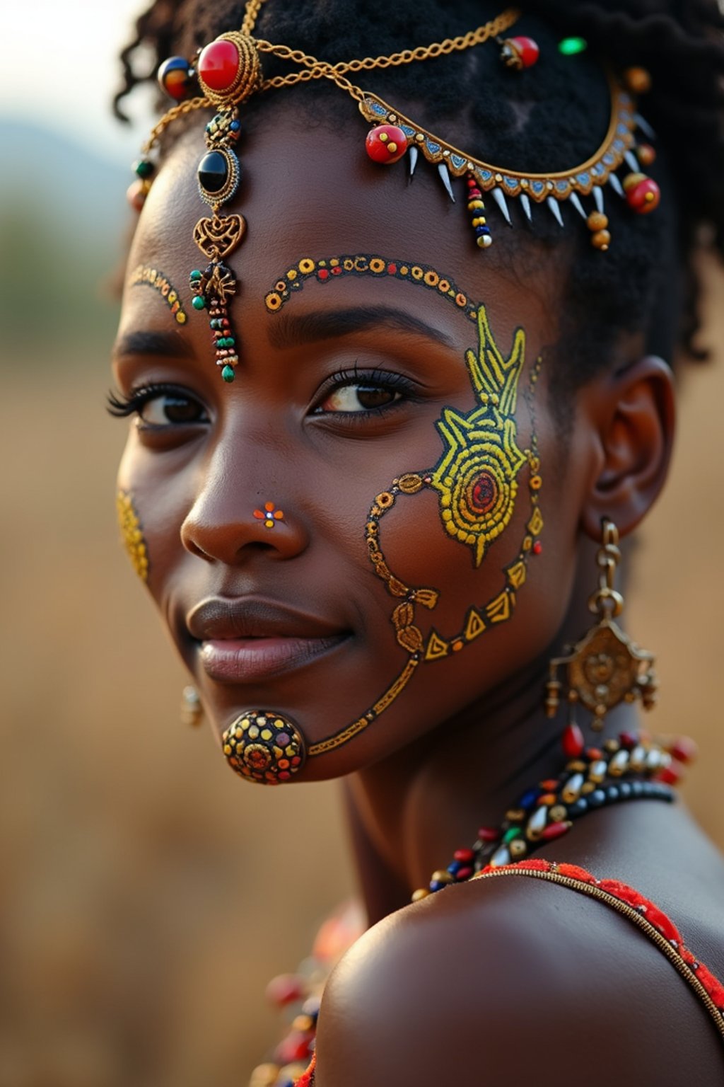 a woman with colorful temporary tattoos and henna art , adding an element of tribal and cultural inspiration to their festival look