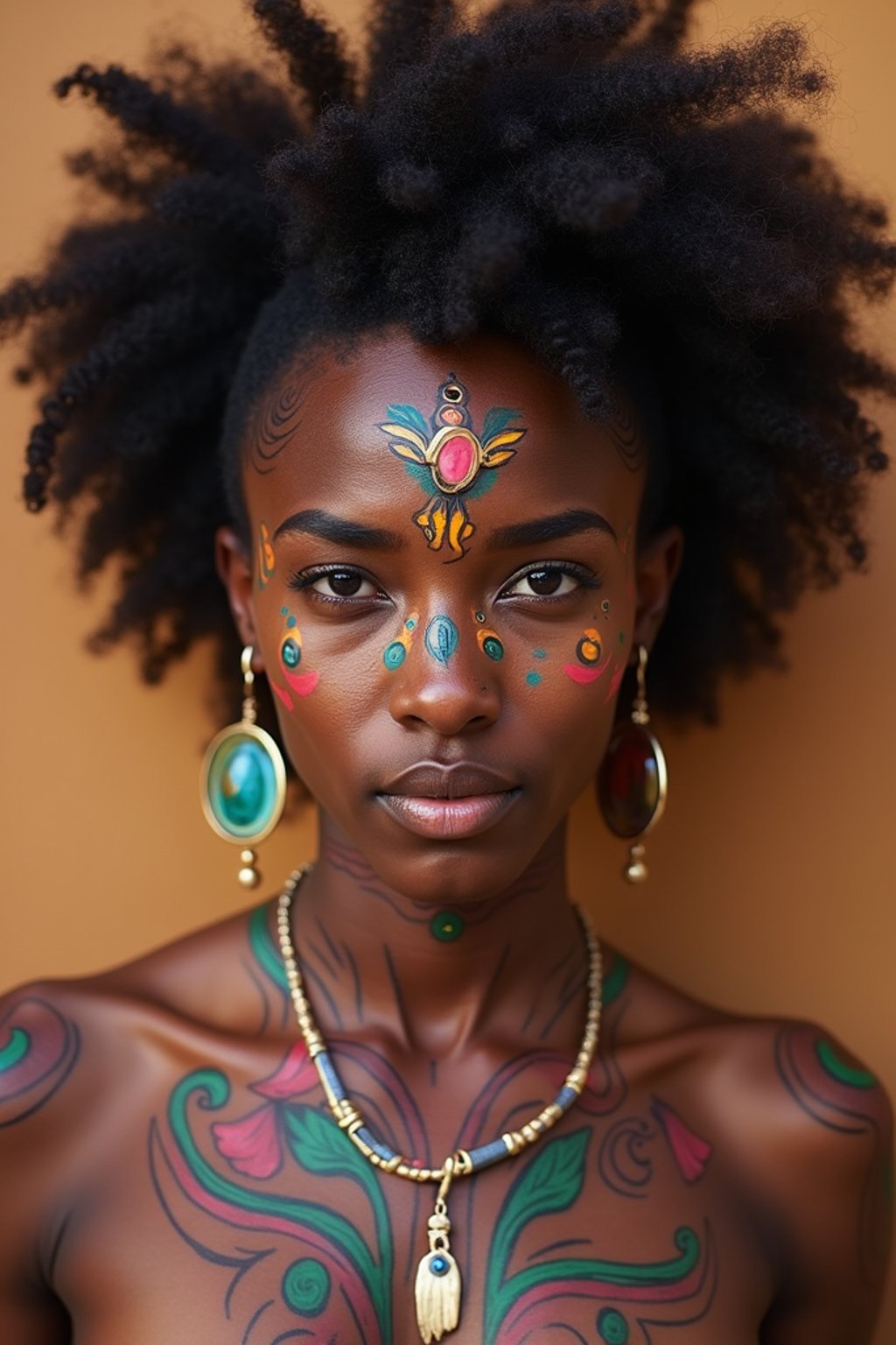 a woman with colorful temporary tattoos and henna art , adding an element of tribal and cultural inspiration to their festival look