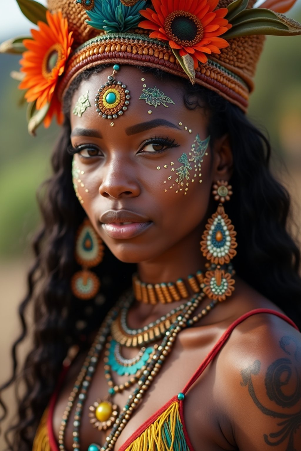 a woman with colorful temporary tattoos and henna art , adding an element of tribal and cultural inspiration to their festival look